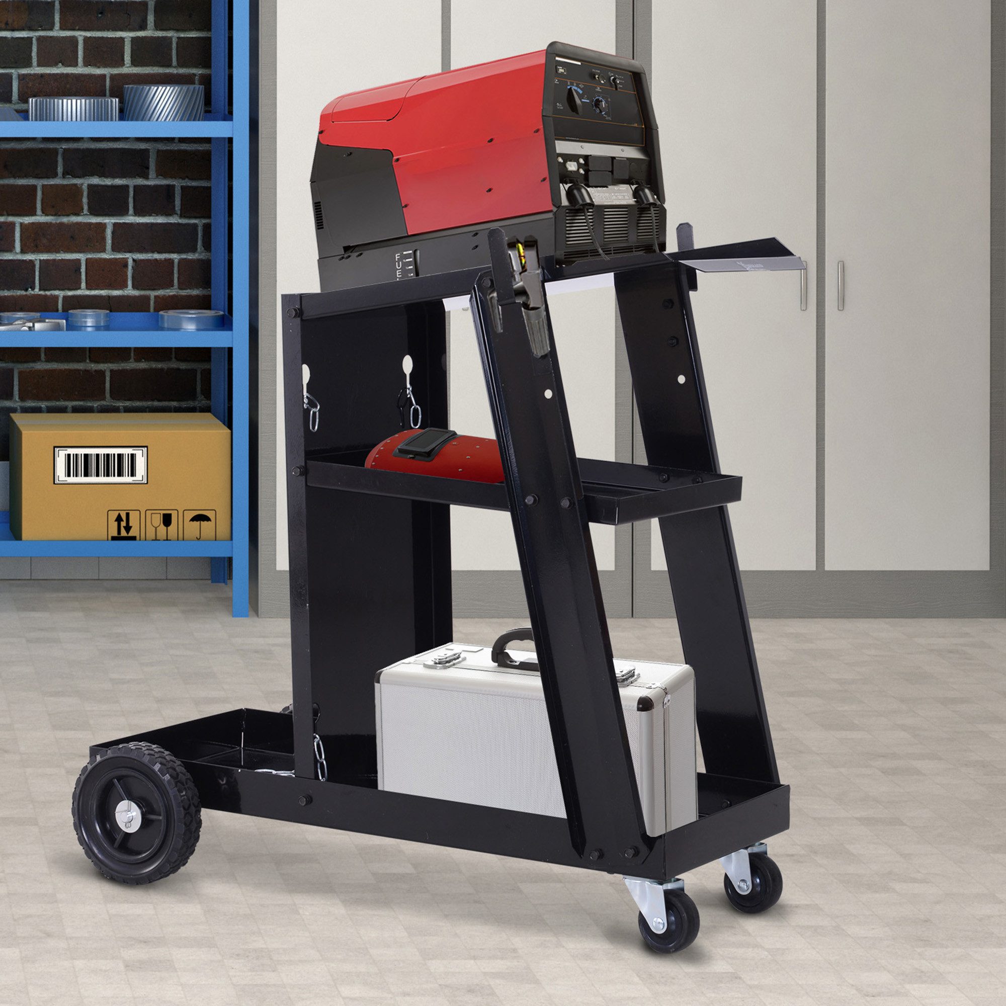 Durhand Werkzeugtrolley Schweißwagen, Schweißmobil mit 3 Regalen und Gasflaschenhalterung (Schweißgerätwagen, 1 St., Schweißwagen), Schwarz 71 x 39 x 70 cm