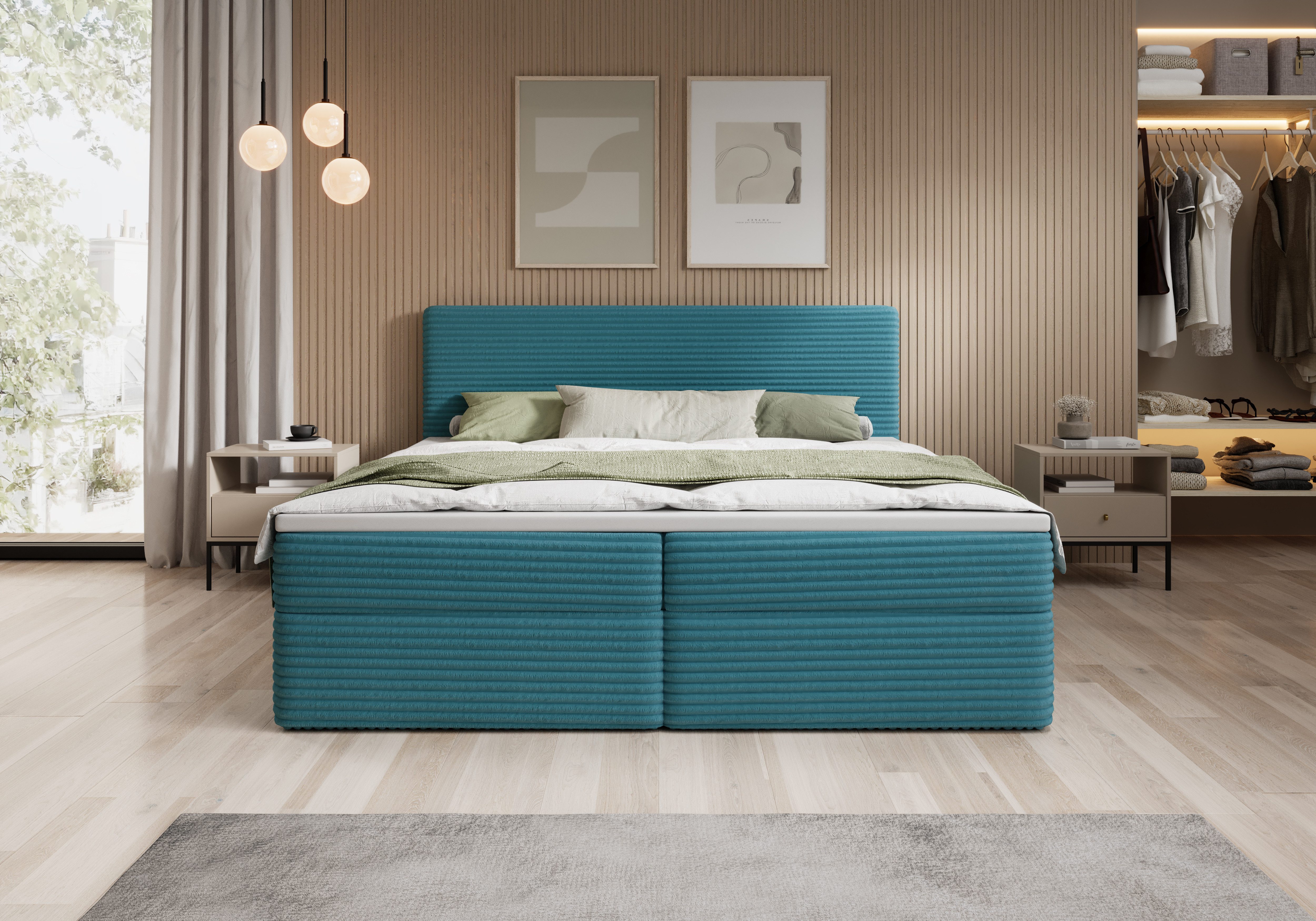 thematys Boxbett mit zwei Bettkasten 140x200–200x200 cm – Cordstoff Bezug – (Polsterbett Bonnellfederkern Matratze H3 + Gratis 3cm Topper, Boxbett - Luxus Doppelbett mit Stauraum)