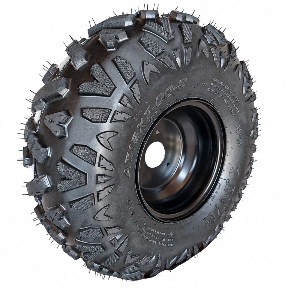 FunSport-Factory Ersatzrad Komplettrad Quadreifen Reifen 19x7-8 3-Loch Felge Schwarz vorne, A-Shape Offroadprofil, hoher Grip, für Quads, robust & langlebig