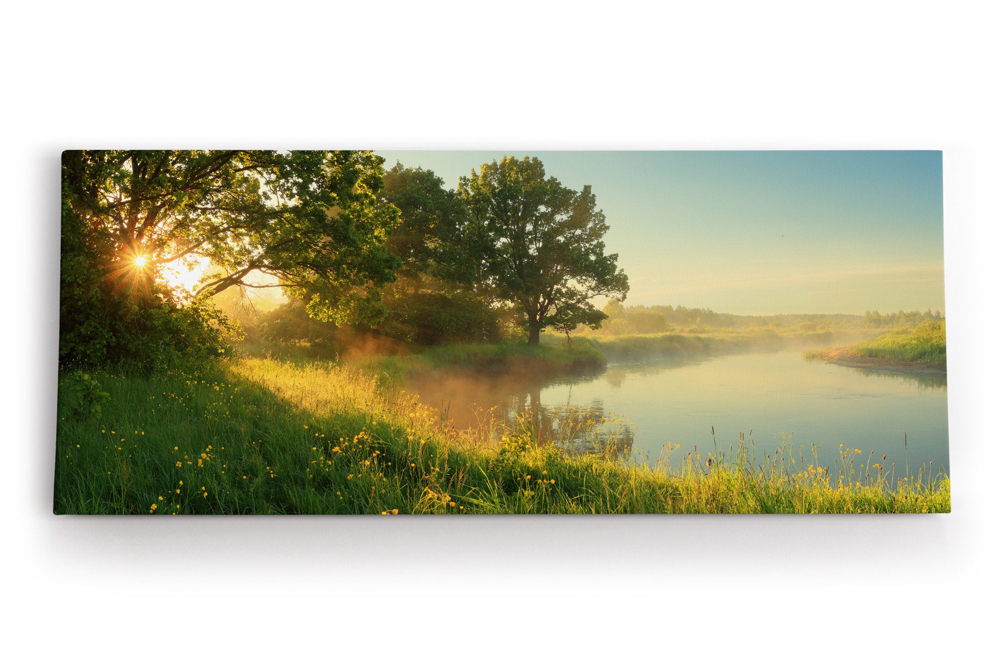 Leinwandbild Fluss Morgentau Sonnenaufgang Wiese Bäume Natur