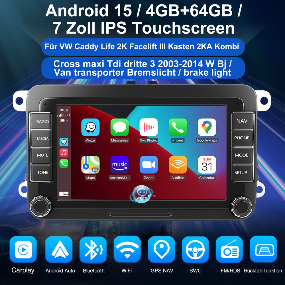 ESSGOO 7"/9" Für VW Caddy Life 2K Facelift Mit Rückfahrkamera Bremsleuchte Autoradio (RDS, Digitalradio (DAB), FM, AM, Apple Carplay Android Auto GPS Navi WIFI  – Bild 2 von 5