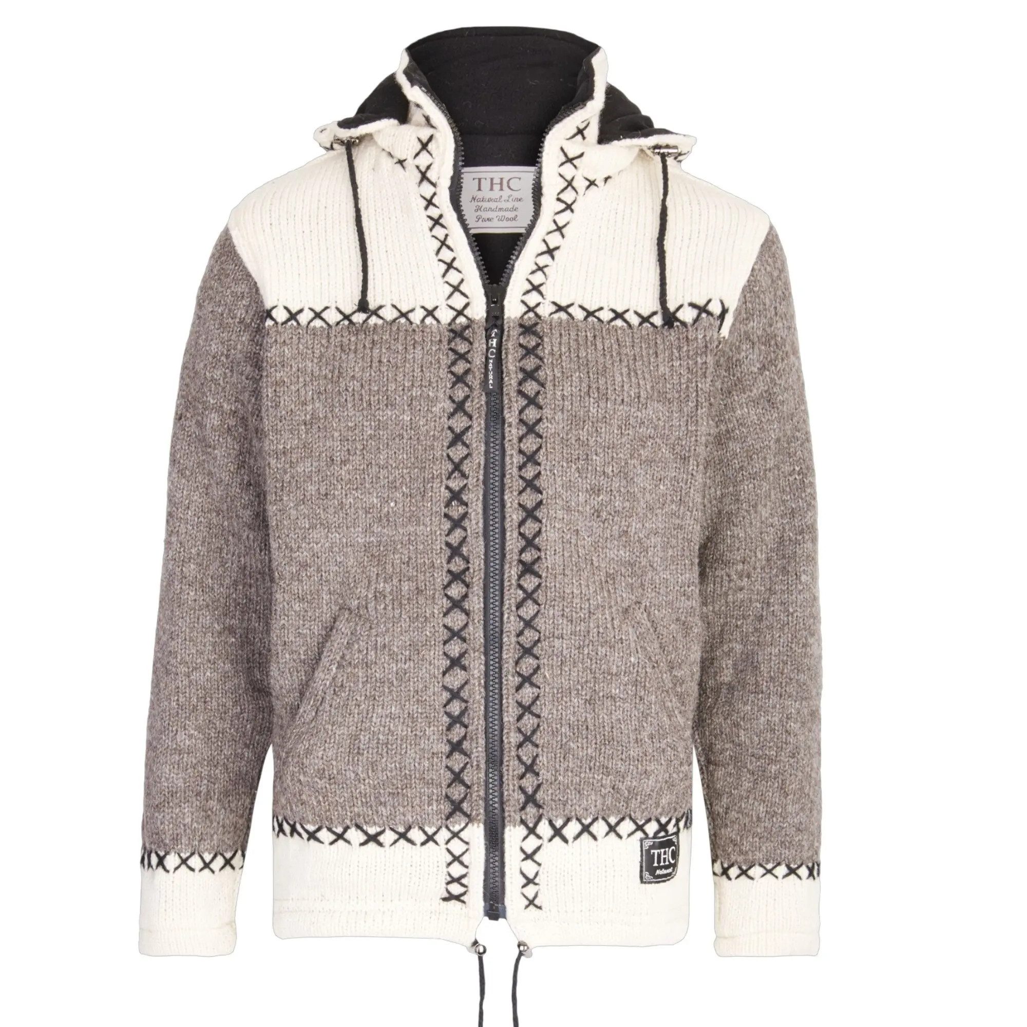 THC Natural Line Strickjacke THC Schafwollstrickjacke beige weiß 507 (1 Stück, 1-tlg., 1 Stück) abnehmbare Kapuze