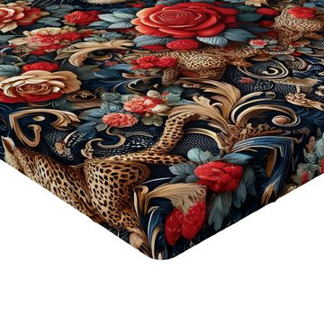 Spannbettlaken Soft Dekorativer Stoff Bettwäsche Rund-um Elastischer Gummizug, Abakuhaus, Leopard Rokoko Design Rote Rosen