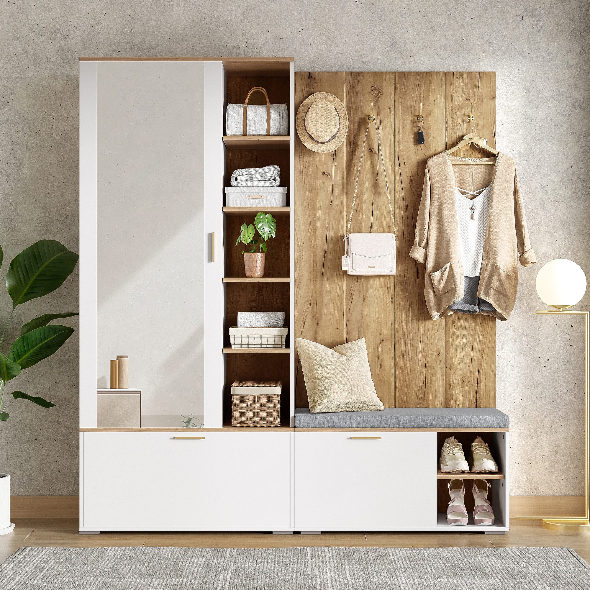 Merax Garderoben-Set Garderobenset, Schuhschrank mit Klappen, Sitzbank, (1-St., Kleiderschrank mit ausziehbarer Kleiderstange, 4 Haken, Spiegel), Garderobenständer