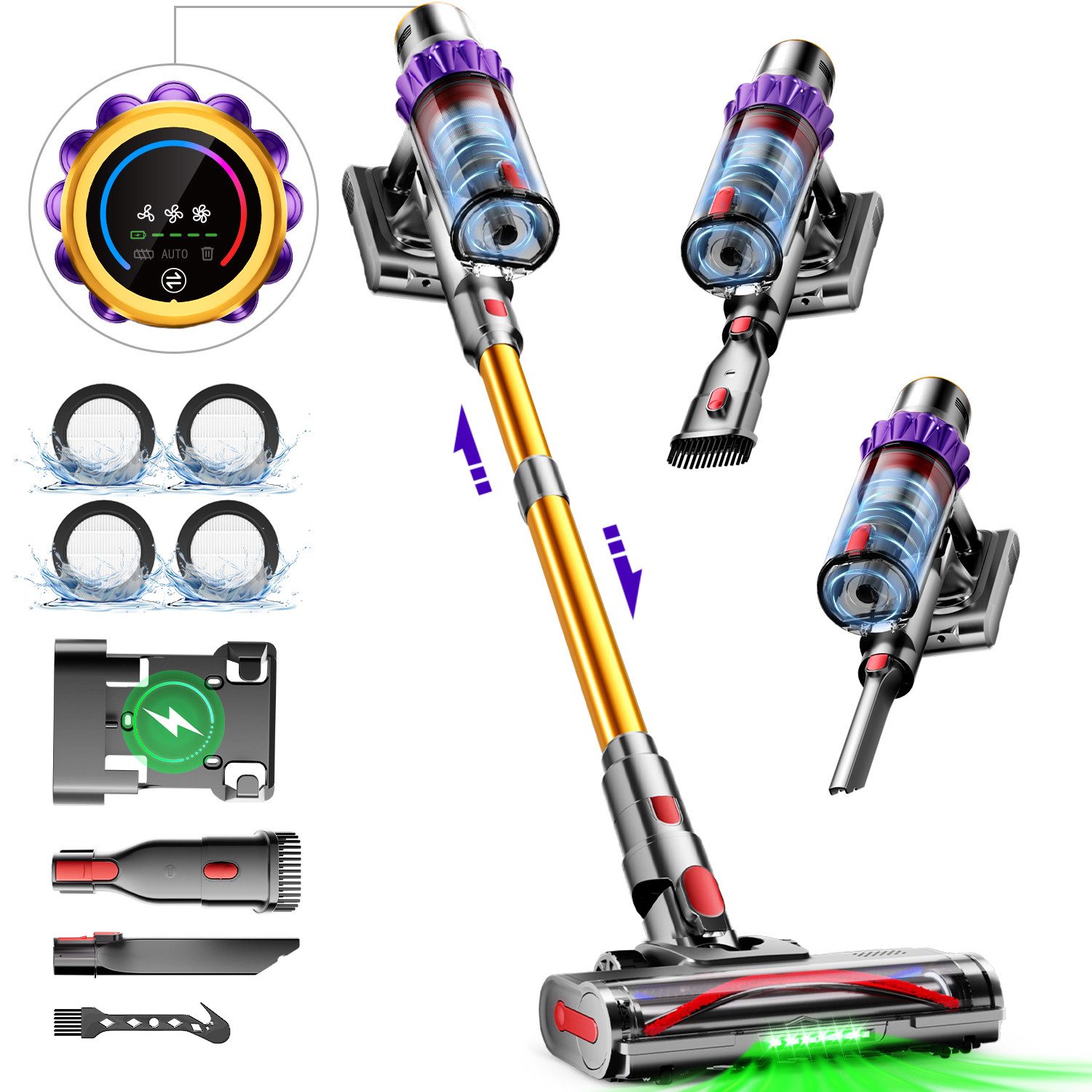 Adormii Akku-Hand-und Stielstaubsauger Akku Staubsauger 80000pa, Staubsauger Kabellos, 70Min/1,8L, beutellos, Smart LED-Display, grünem Licht, für Teppich, Hartböden, Tierhaare