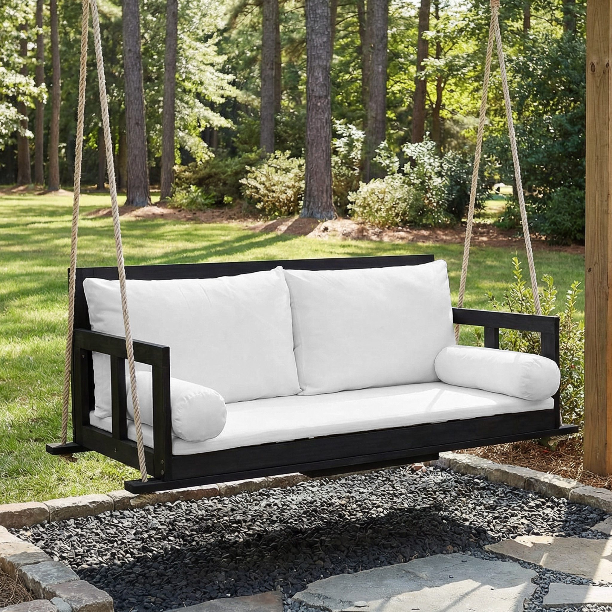 MODFU Hängesessel Mit waschbarem Kissen & Seilen, wetterfest (1-St., Doppel-Hängesessel aus Akazienholz, Schwarz/Beige), Ideal als Garten- & Terrassen-Schaukel, ohne Gestell