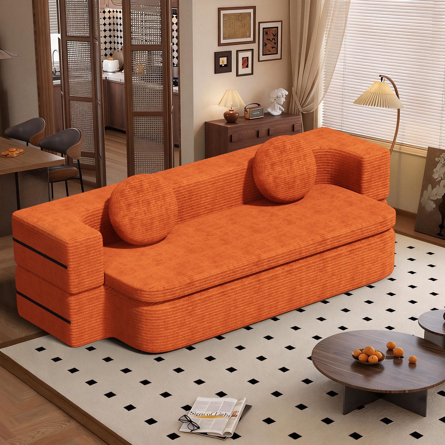 Lexzurn Sofa Schlafsofa Bella, Cord Sofa 90x200 cm mit Bettfunktion, Bettkasten & 2 Zierkissen, Wohnzimmer und kleine Räume, 3-in-1 Compressed Sofa Bed