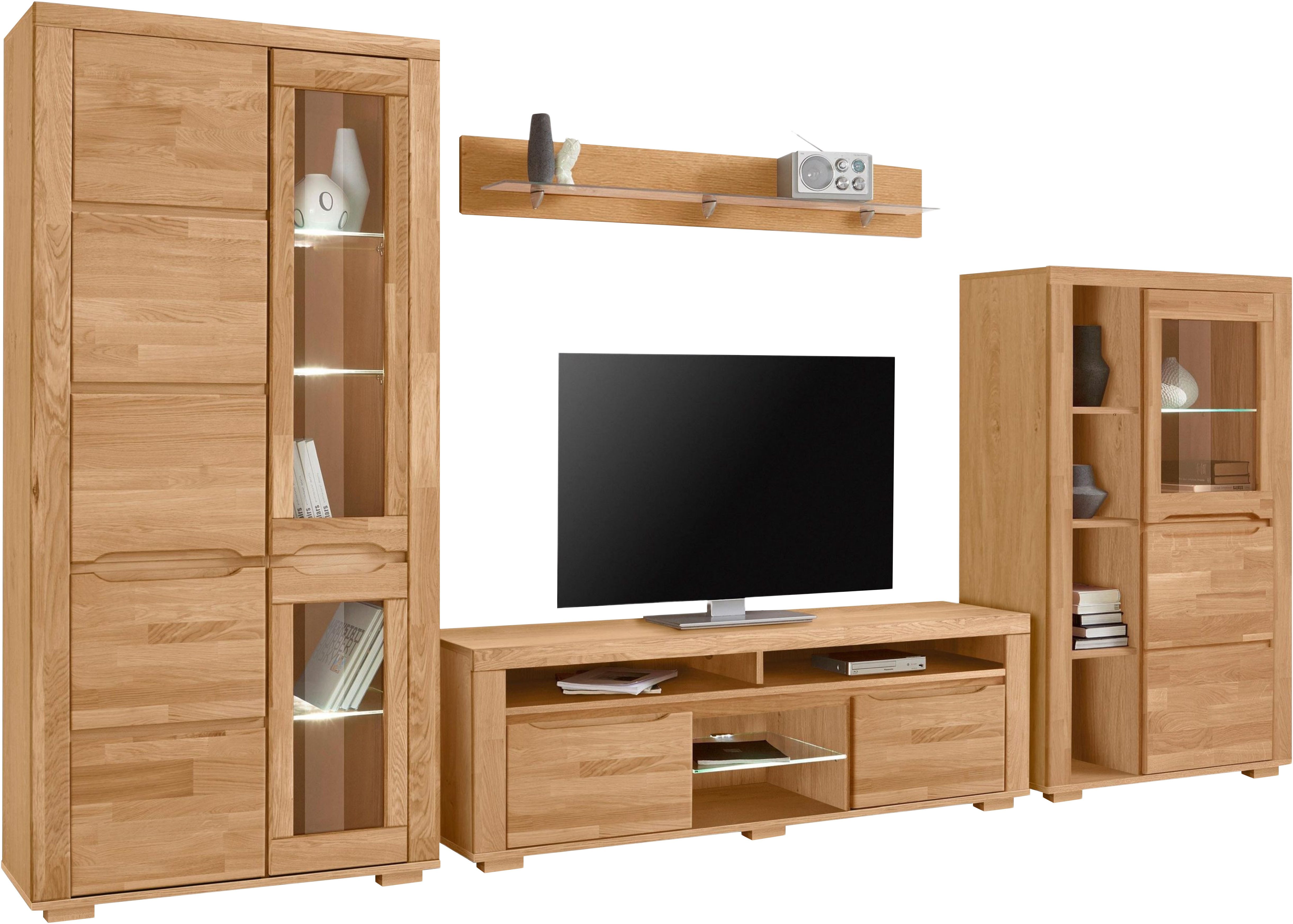 OTTO home Wohnwand Denis, (Set, 4-St), Breite: 340cm, 1Vitrine, 1Stauraumvitrine, 1 Lowboard und 1 Wandregal