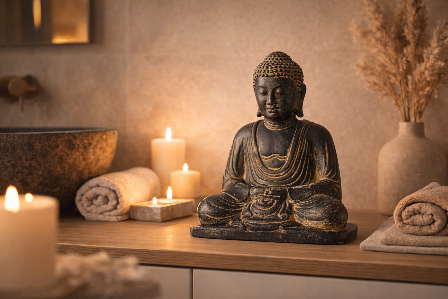 FaHome Skulptur Buddha Skulptur sitzend – Garten Terrasse Balkon Deko – Wetterfest