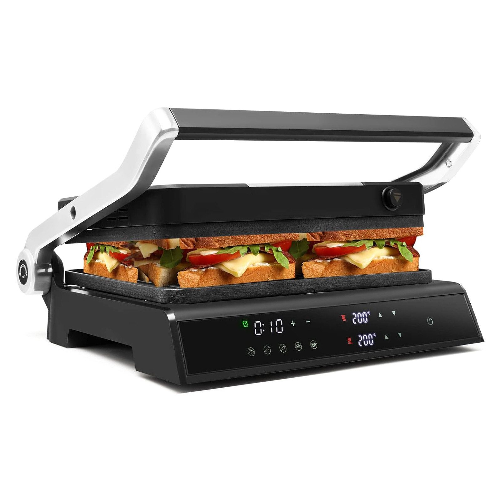 KOMFOTTEU Kontaktgrill Panini Pressgrill, 1800,00 W, 0-4H Timer, LED-Anzeige, 180° aufklappbar