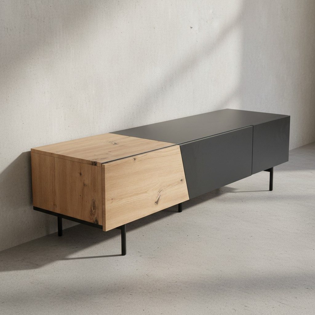 KADIMA DESIGN Lowboard Lowboard Schwarz mit Eiche-Dekor 150x40x40 cm TV-Kommode Modern, (Schublade, Fernsehkommode Wohnzimmer), Design TV-Schrank Niedrig, Fernsehtisch Fernsehschrank mit Türen &