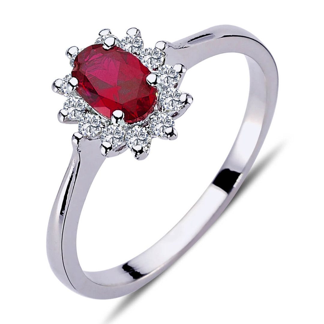 EinStein Diamant Diamantring Halo Diamant Oval Rubin Entourage Ring 14 Karat Weißgold