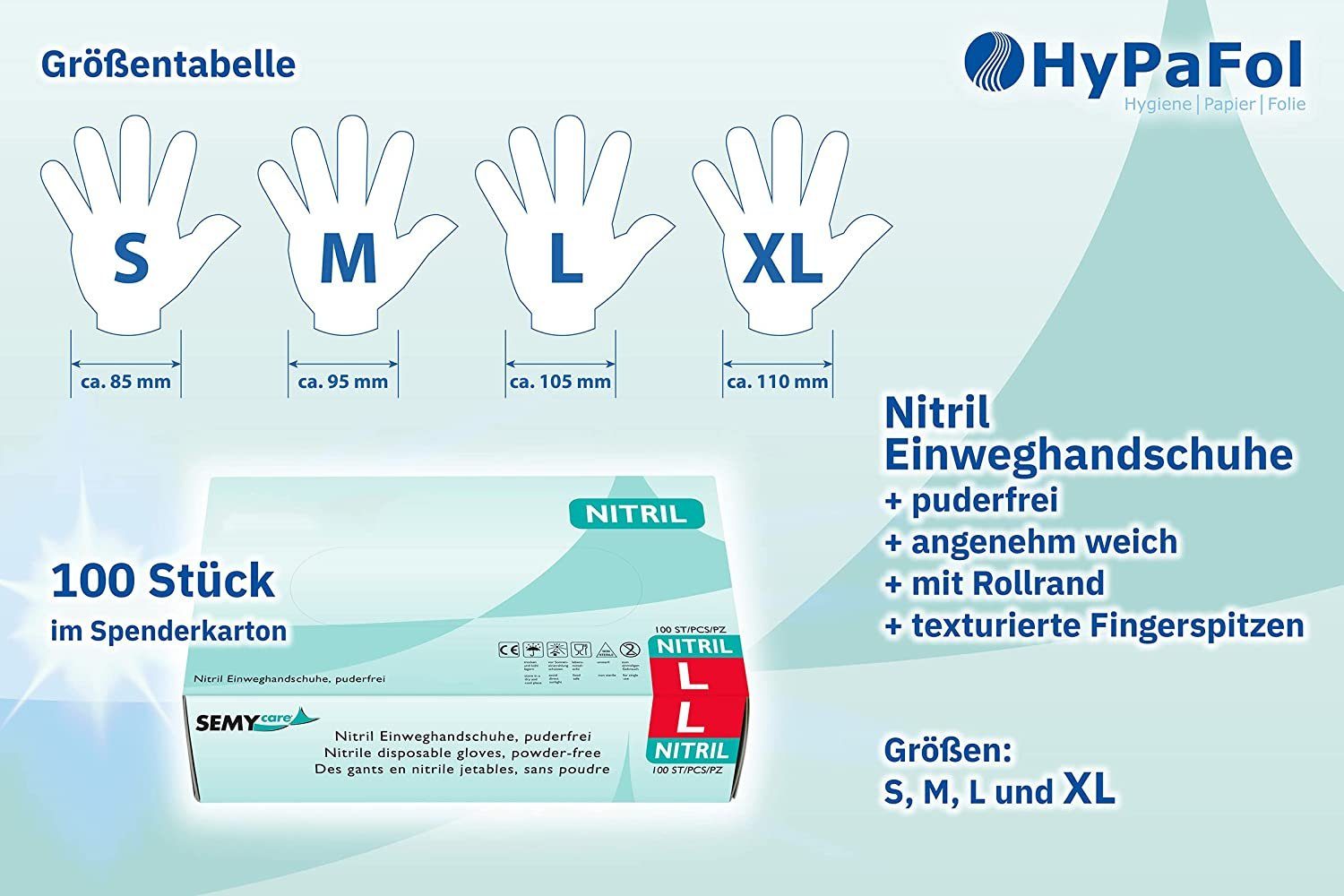 Hypafol Nitril-Handschuhe S-XL, Puderfrei I (100-St) mit Rollrand, Finger texturiert