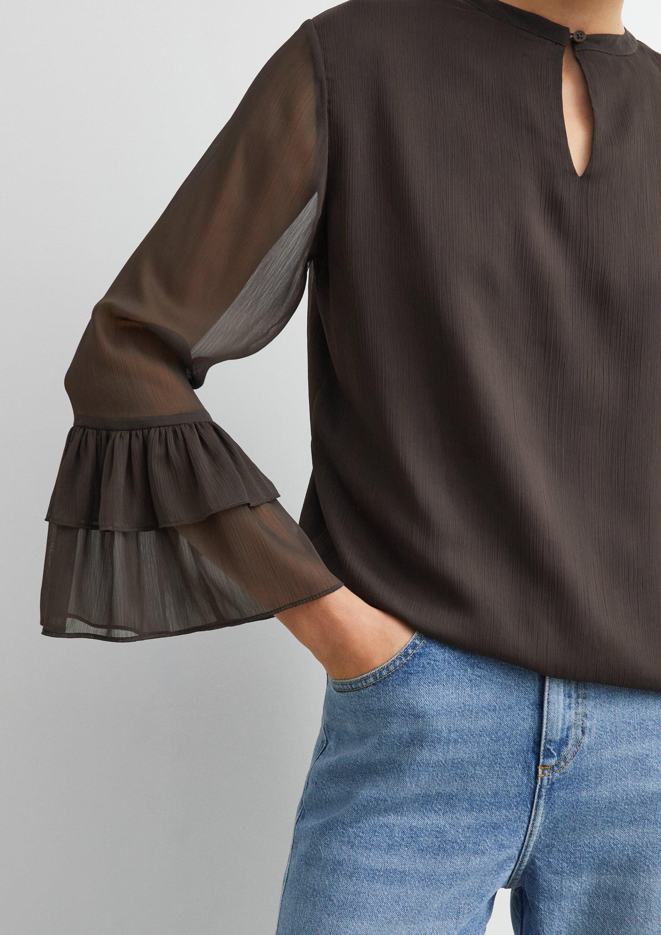 comma Langarmbluse Bluse Strukturierte Chiffon-Bluse mit Volant-Ärmeln