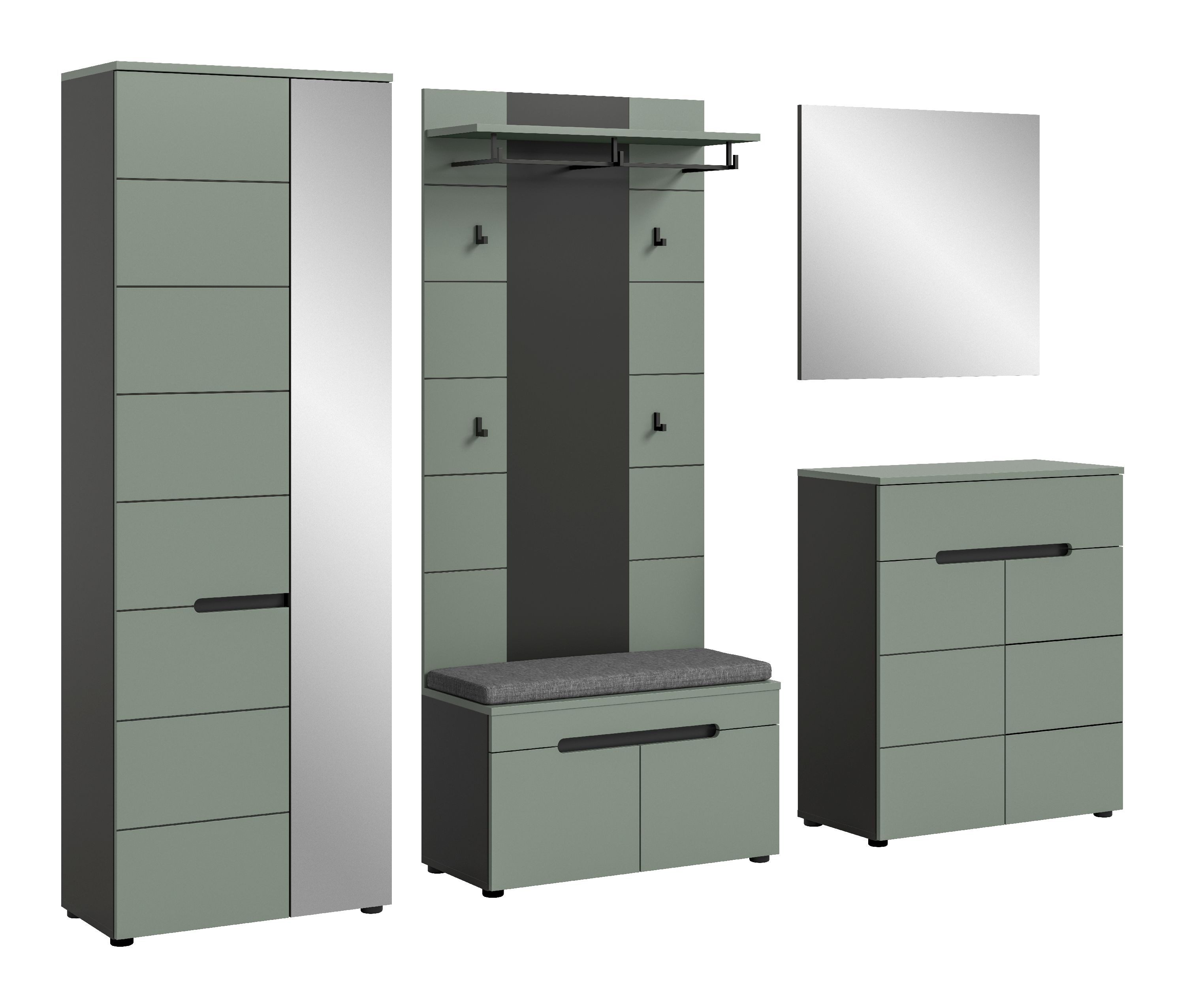 xonox.home Garderoben-Set, (6tlg. Set inkl. Garderobenschrank, Sitzbank, Paneel, Schuhkommode), Smoke Green Melamin beschichtet modern 255x190x37 cm