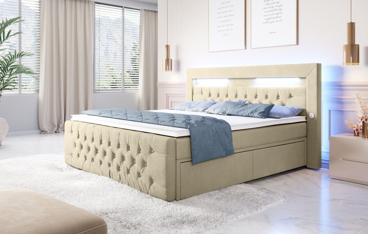 Luxusbetten24 Boxspringbett Sunshine, mit indirekter Beleuchtung, USB und Stauraum Beige