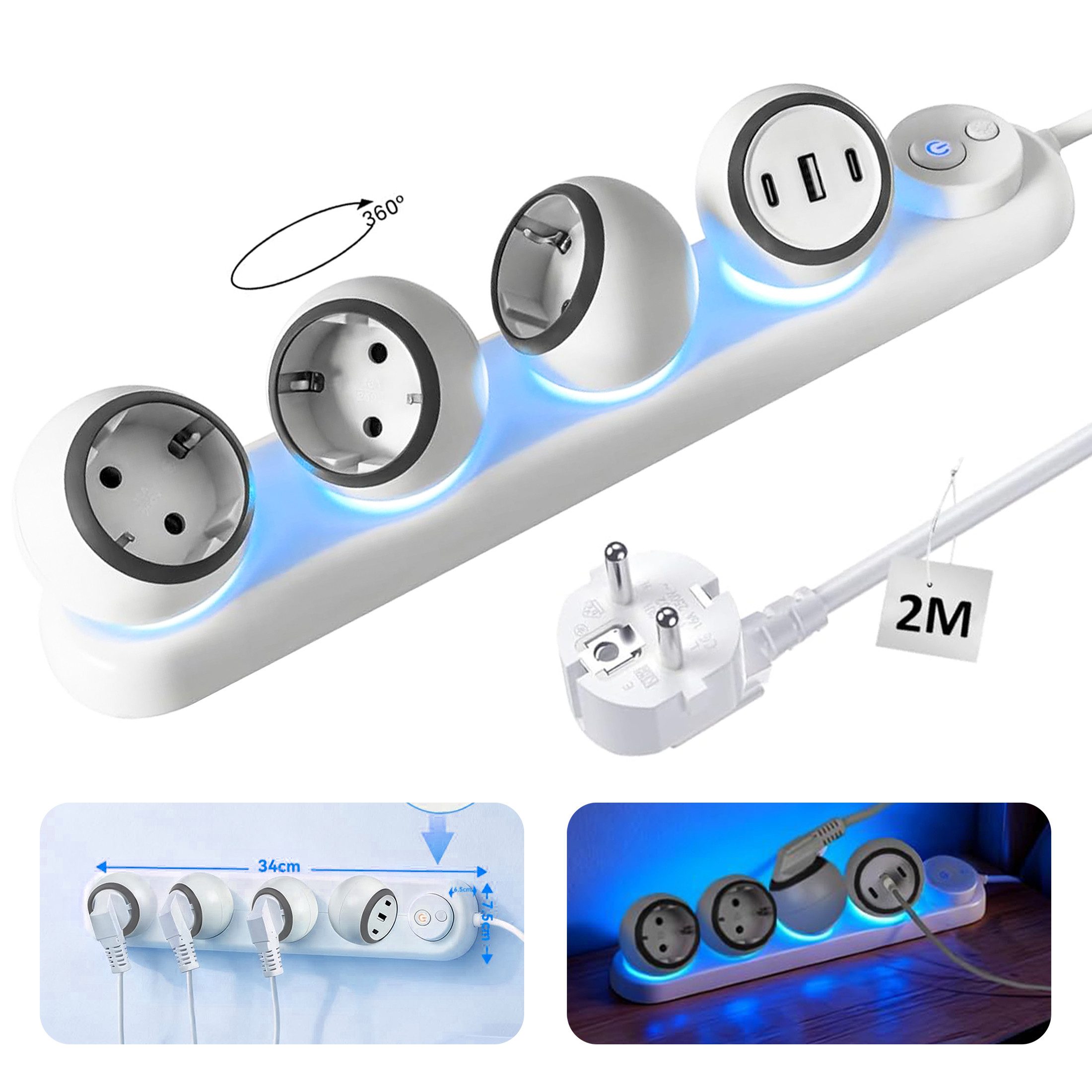 Fyrove 360° drehbare Steckdosenleiste, 3-Fach + 2 USB-C + 1 USB-A Steckdosenleiste, LED-Nachtlicht, 2m Kabel, Überspannungsschutz