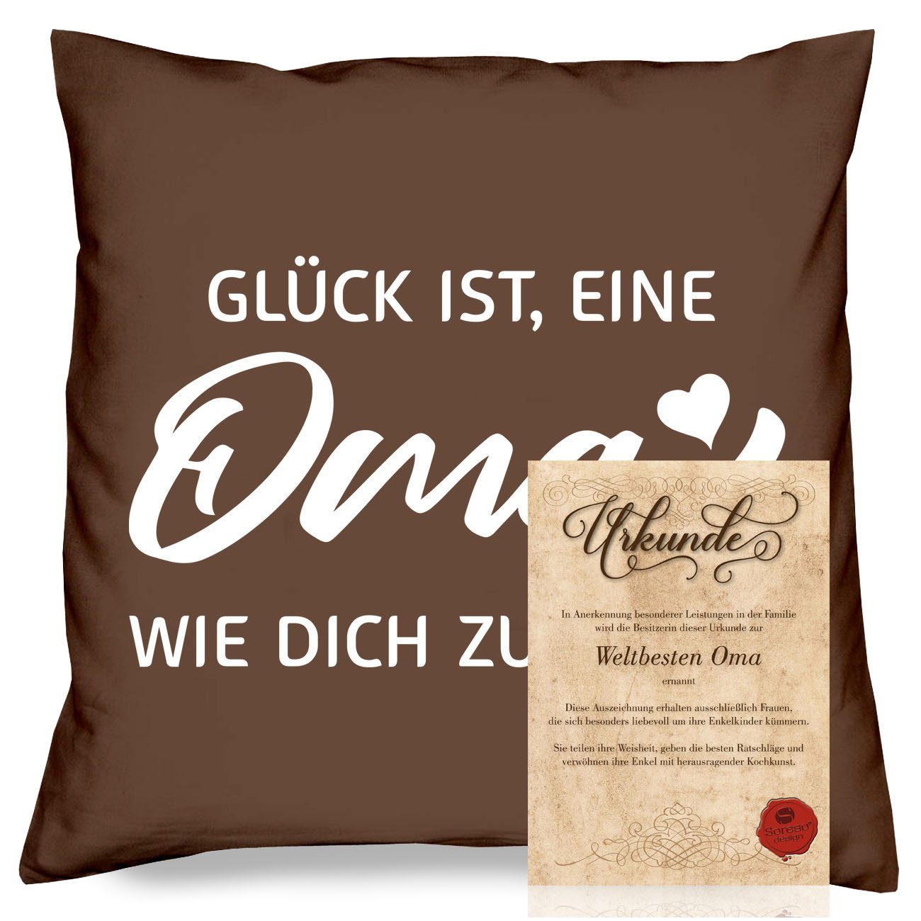 Soreso® Dekokissen Kissen Weihnachtsgeschenk Urkunde Weihnachten, Muttertag Geburtstagsgeschenk Geburtstag + Muttertagsgeschenk Geschenk Oma zum