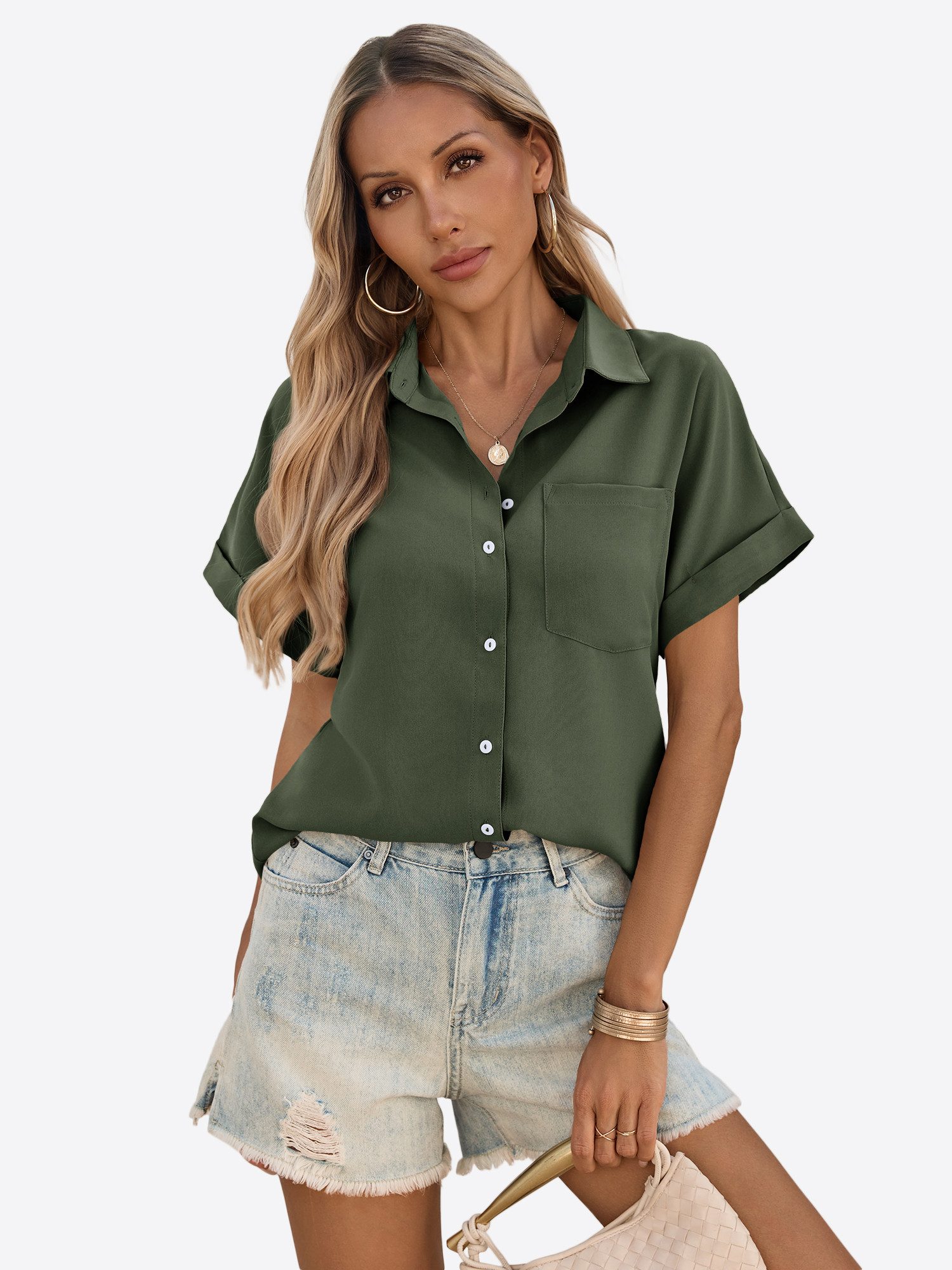 Imily Bela T-Shirt Reverskragen Kurzarmshirt mit Brusttasche (Packung, 1-tlg., 1per-Pack) in Unifarbe