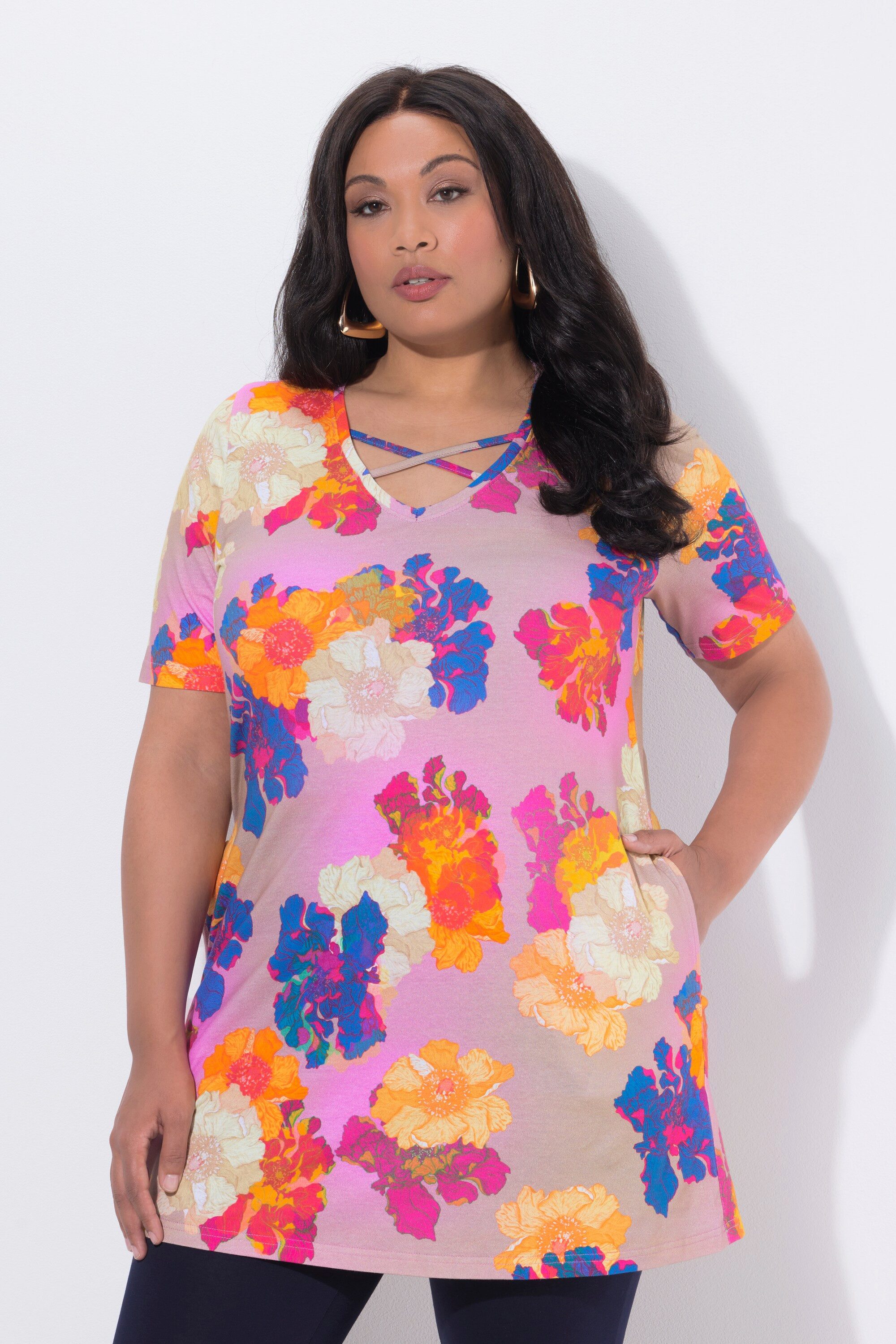 Ulla Popken Longshirt Longshirt Zierbänder A-Linie V-Ausschnitt Halbarm