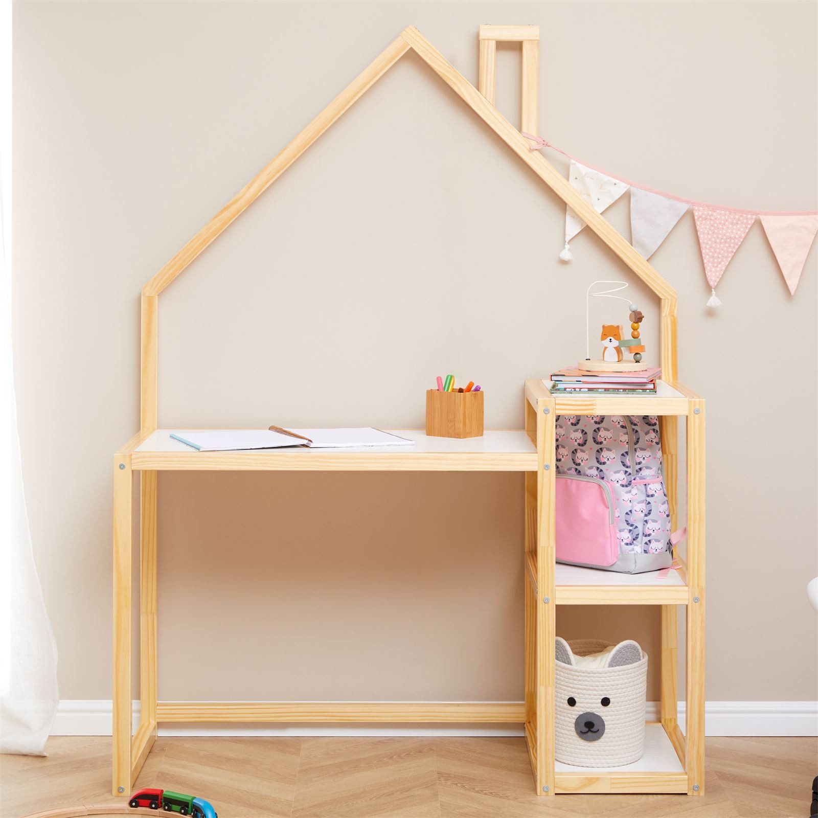 IDIMEX Kinderschreibtisch NIVIA, Kinderzimmer Schreibtisch mit Regal Hausdesign, Lerntisch natur/weiß