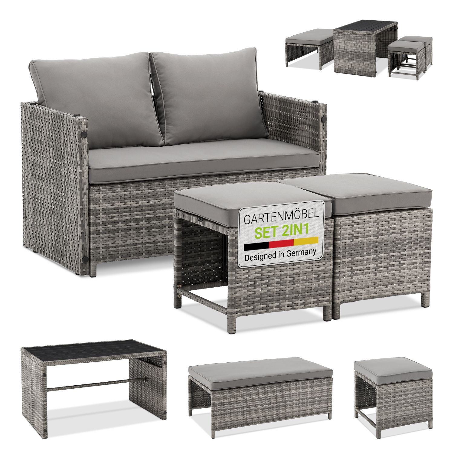 Juskys Gartenlounge-Set Jamaika, 2in1 Polyrattan Set, wetterbeständig, mit Sitzkissen, inkl. Tisch