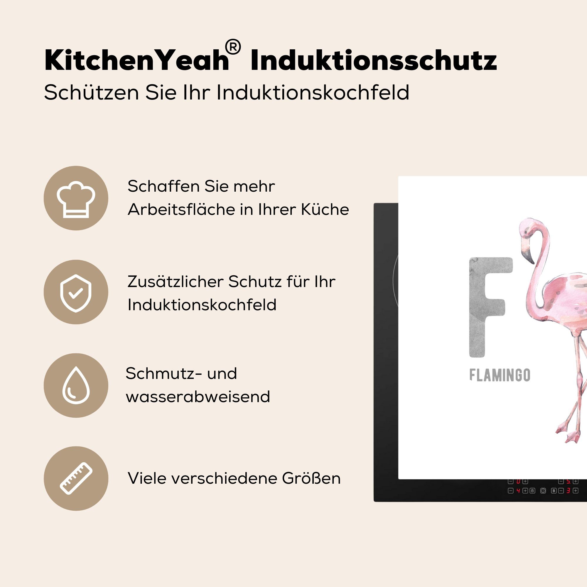 Vinyl, Flamingo, - - cm, 78x78 Arbeitsplatte (1 Alphabet für MuchoWow küche Herdblende-/Abdeckplatte tlg), Ceranfeldabdeckung, Buchstaben