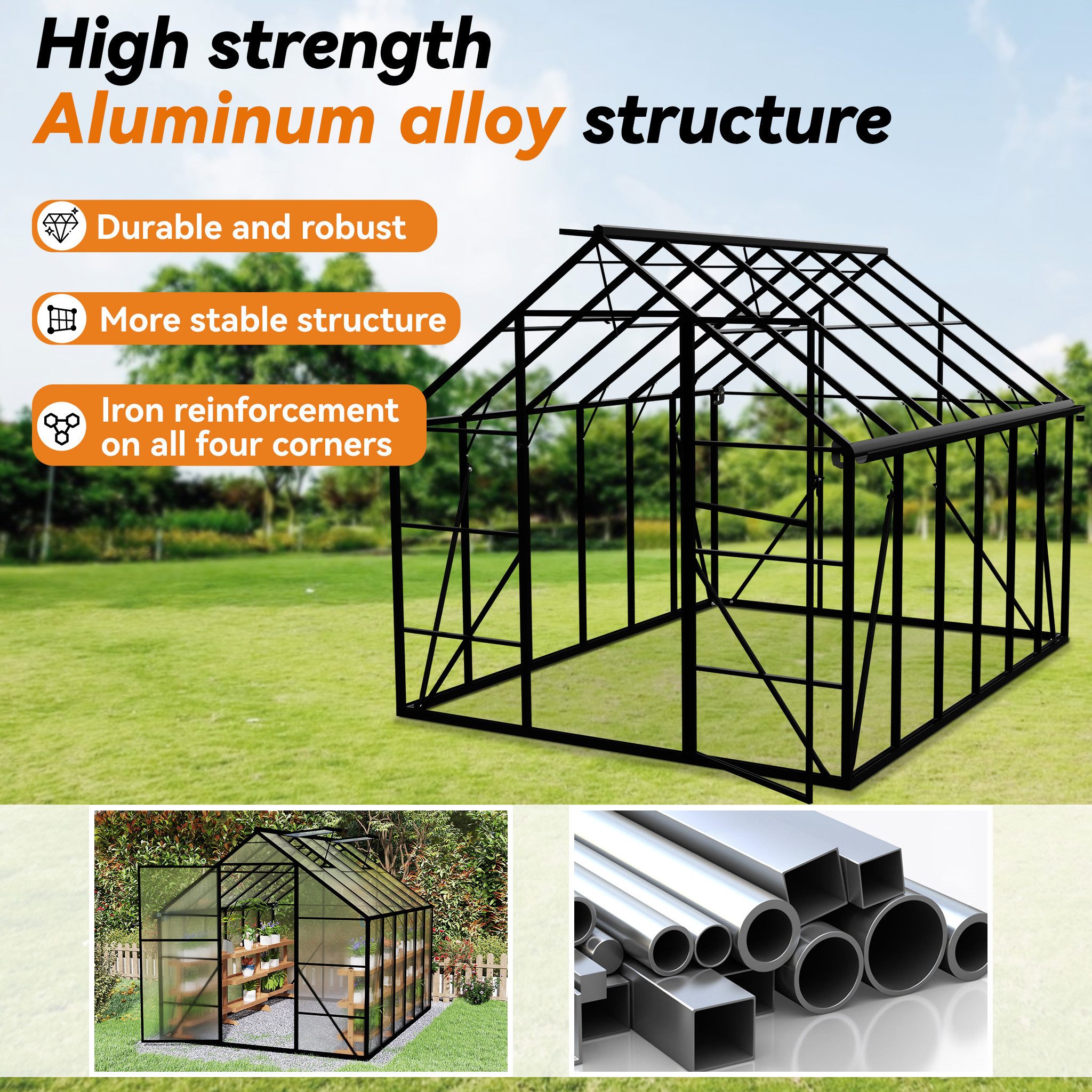 FIVMEN Gewächshaus ALU mit Fundament rostfrei BxTxH: 310 × 250 × 205 cm, BxTxH: 310 x 250 x 205 cm, Premium Gartengewächshäuser Aluminium mit 6 cm Fundament – Bild 4 von 5