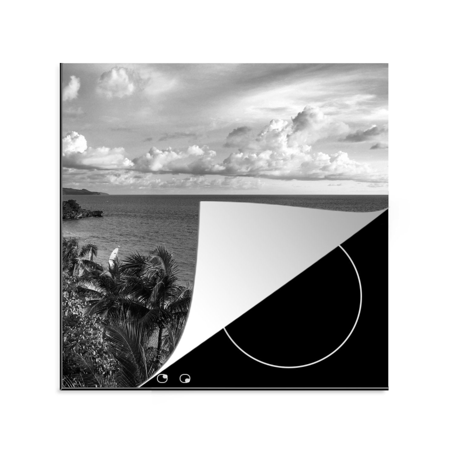 MuchoWow Herdblende-/Abdeckplatte Palme - - cm, 78x78 Weiß, Schwarz Vinyl, Ceranfeldabdeckung, küche - Arbeitsplatte Philippinen - tlg), Wasser für (1