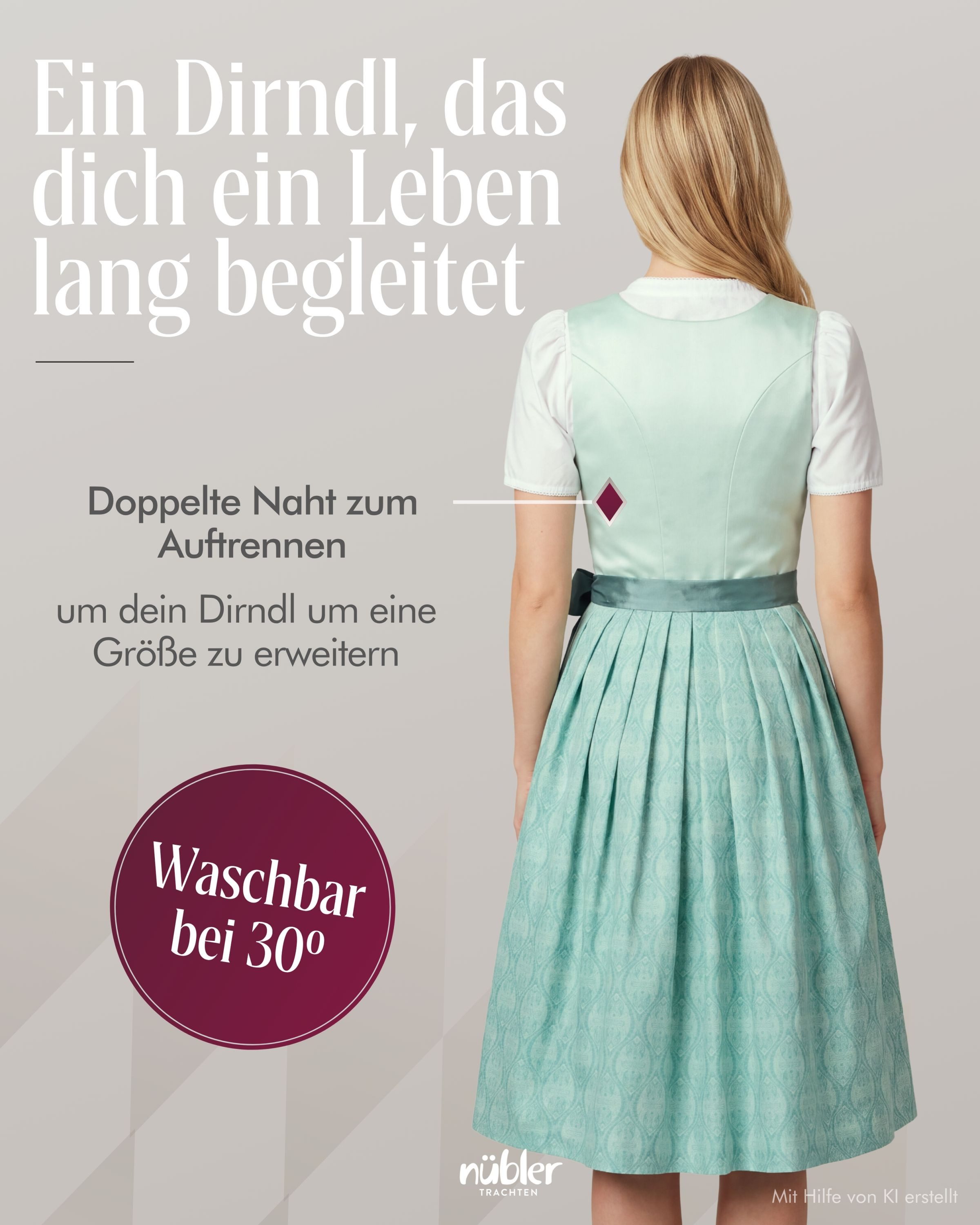 Nübler Trachtenkleid Midi Dirndl Gundi in Aqua von Nübler - Rocklänge 65 cm – Bild 4 von 5