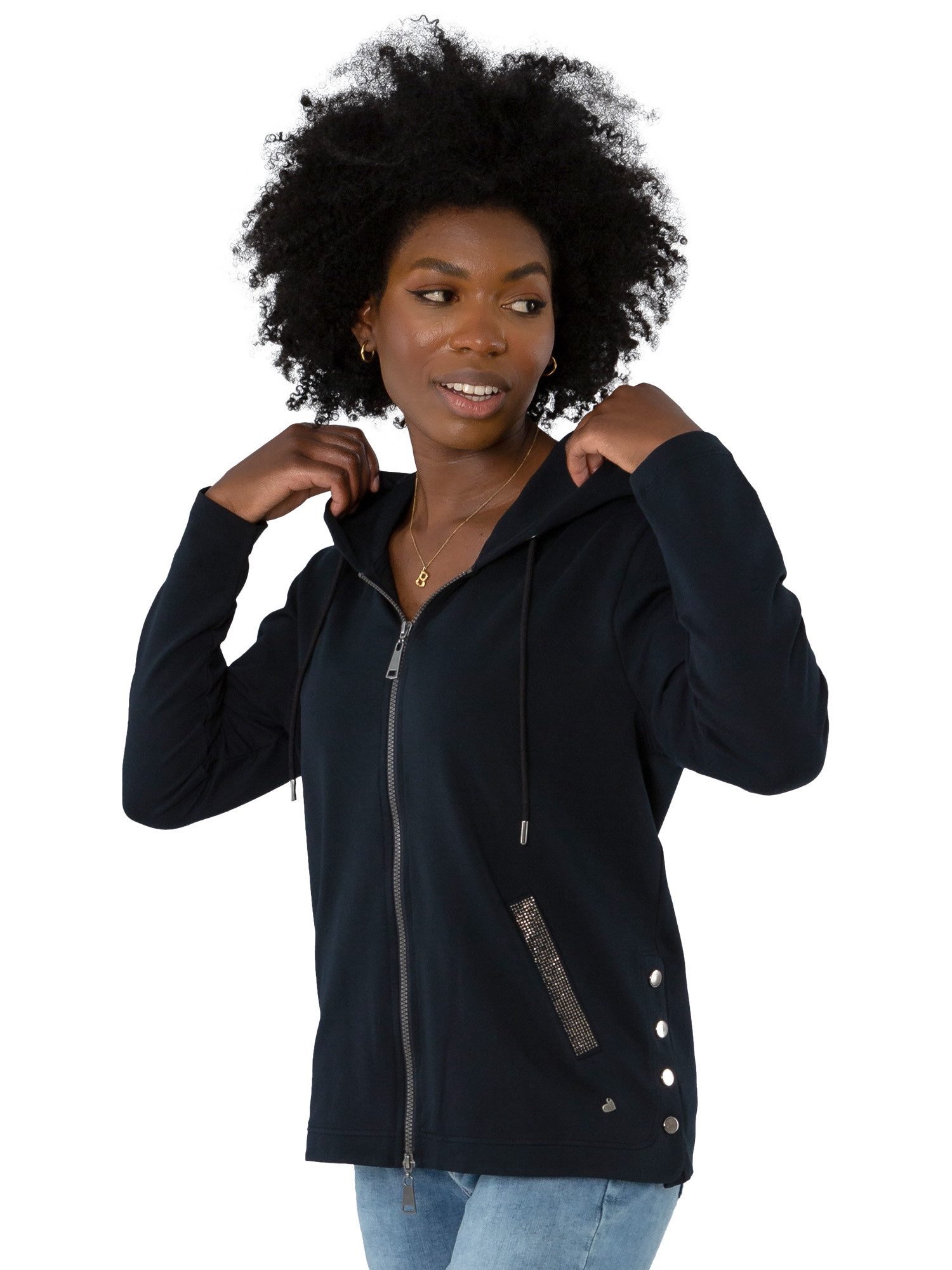 Sweatjacke G30-9101, mit seitlichen Druckknöpfen und Strassbesatz