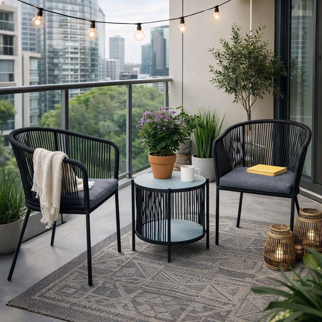 ESTEXO Sitzgruppe Balkonset Gartenset Bistro Set Gartenmöbel Set Outdoor Rope Schwarz