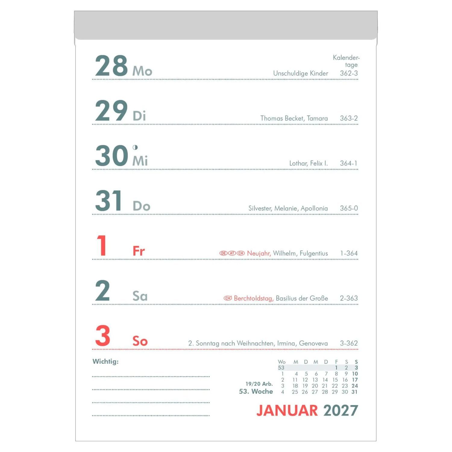 Wandkalender Wochenabreißkalender 2027