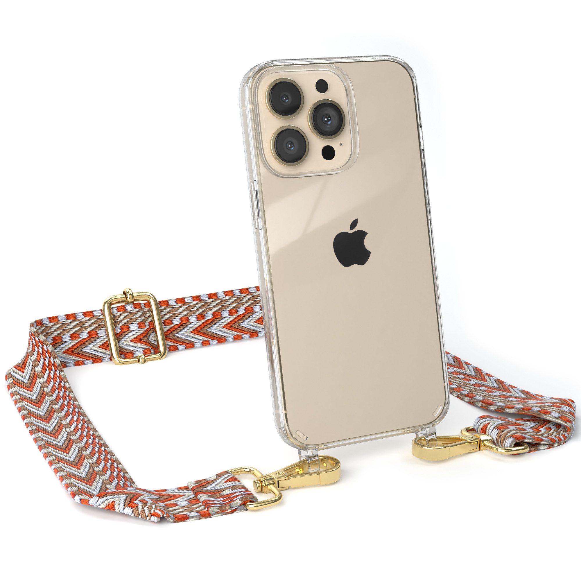 EAZY CASE Handykette Boho Umhängeband für Apple iPhone 13 Pro 6,1 Zoll, Backcover Handyhülle zum Umhängen Ersatzkordel Handy Tasche Orange
