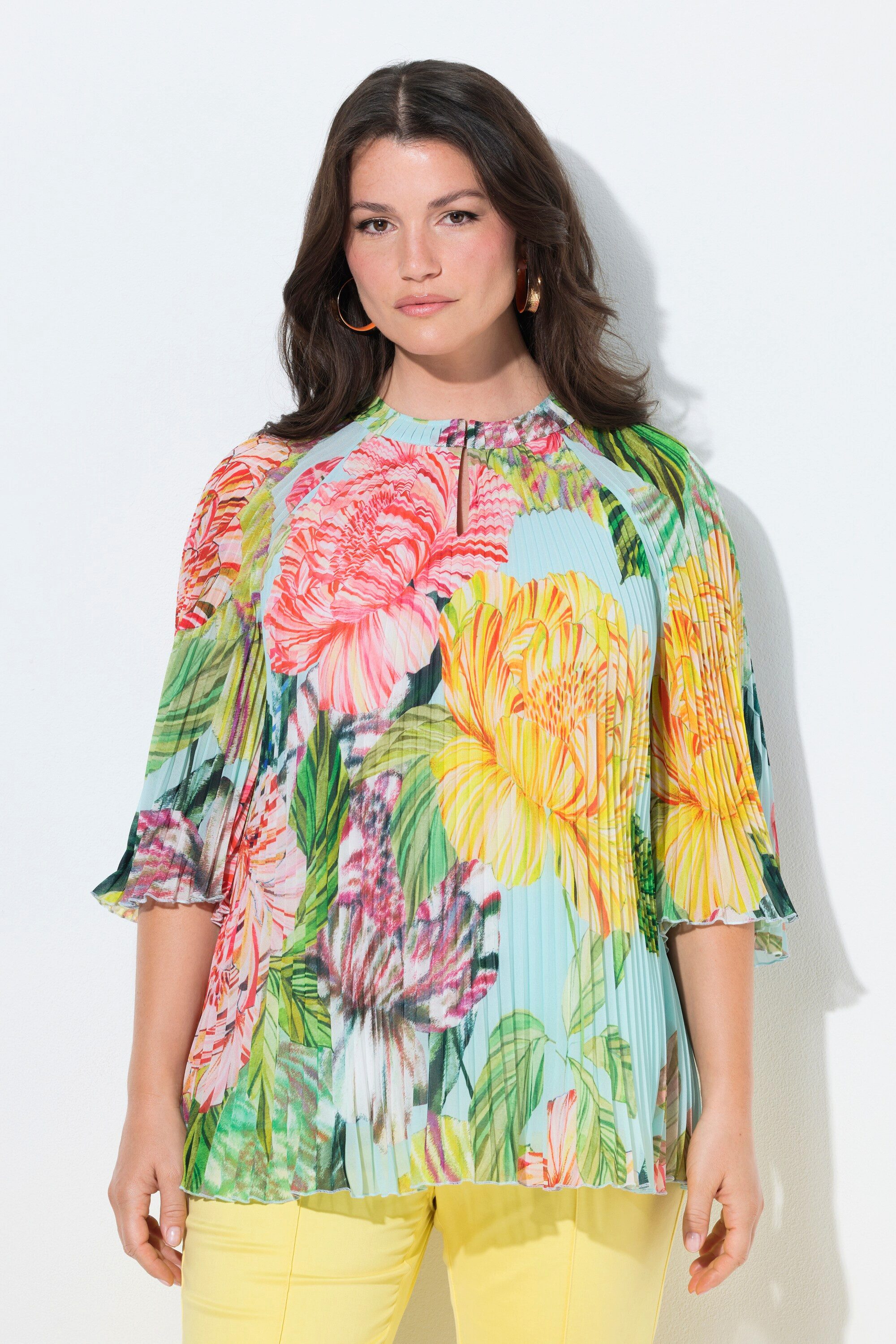 Ulla Popken Schlupfbluse Plissee-Bluse Blüten A-Linie Rundhals 3/4-Arm