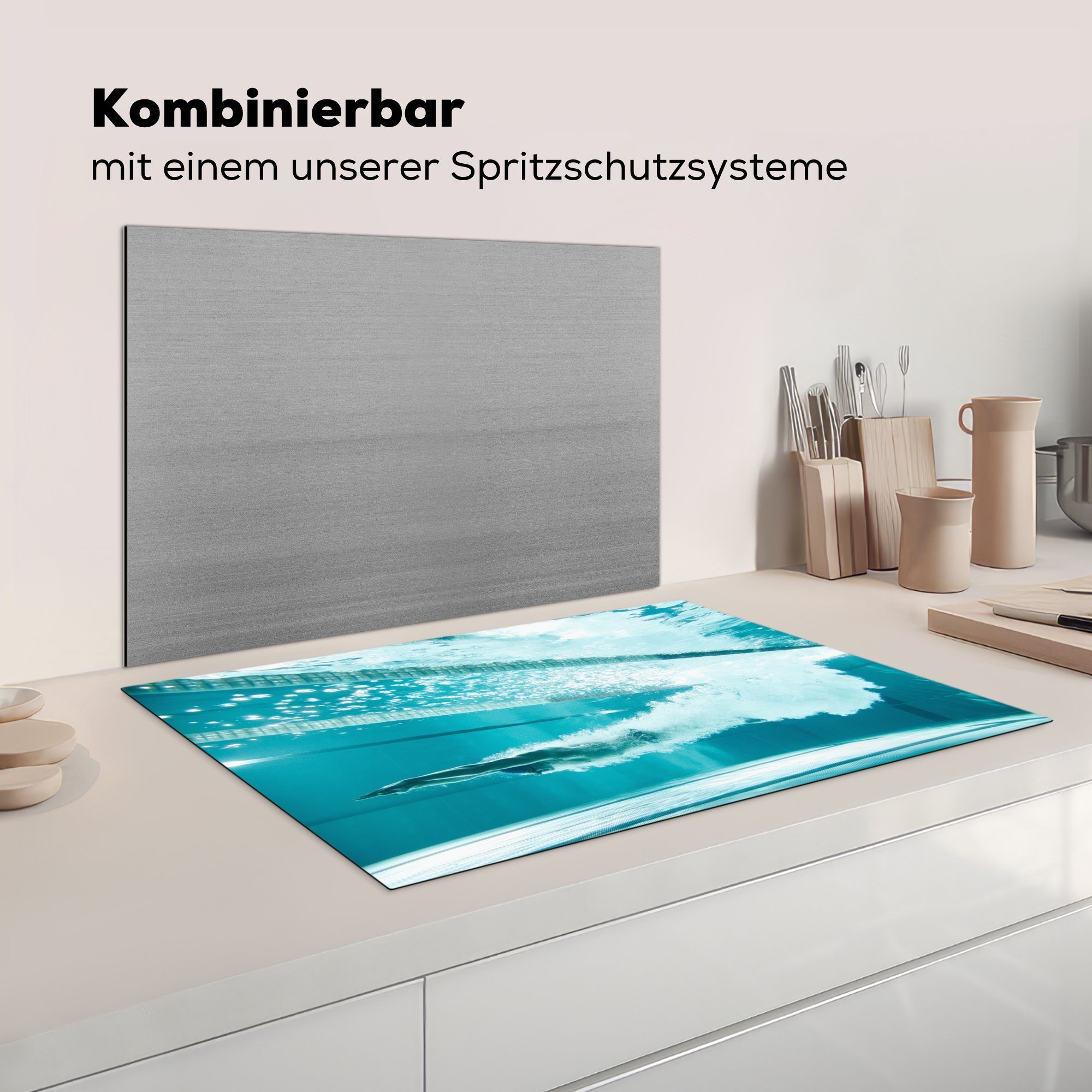 Herdblende-/Abdeckplatte 81x52 Ceranfeldabdeckung MuchoWow Schwimmbad, Wettkampfschwimmen - die tlg), Schutz küche, Vinyl, - für cm, Tauchen Induktionskochfeld (1