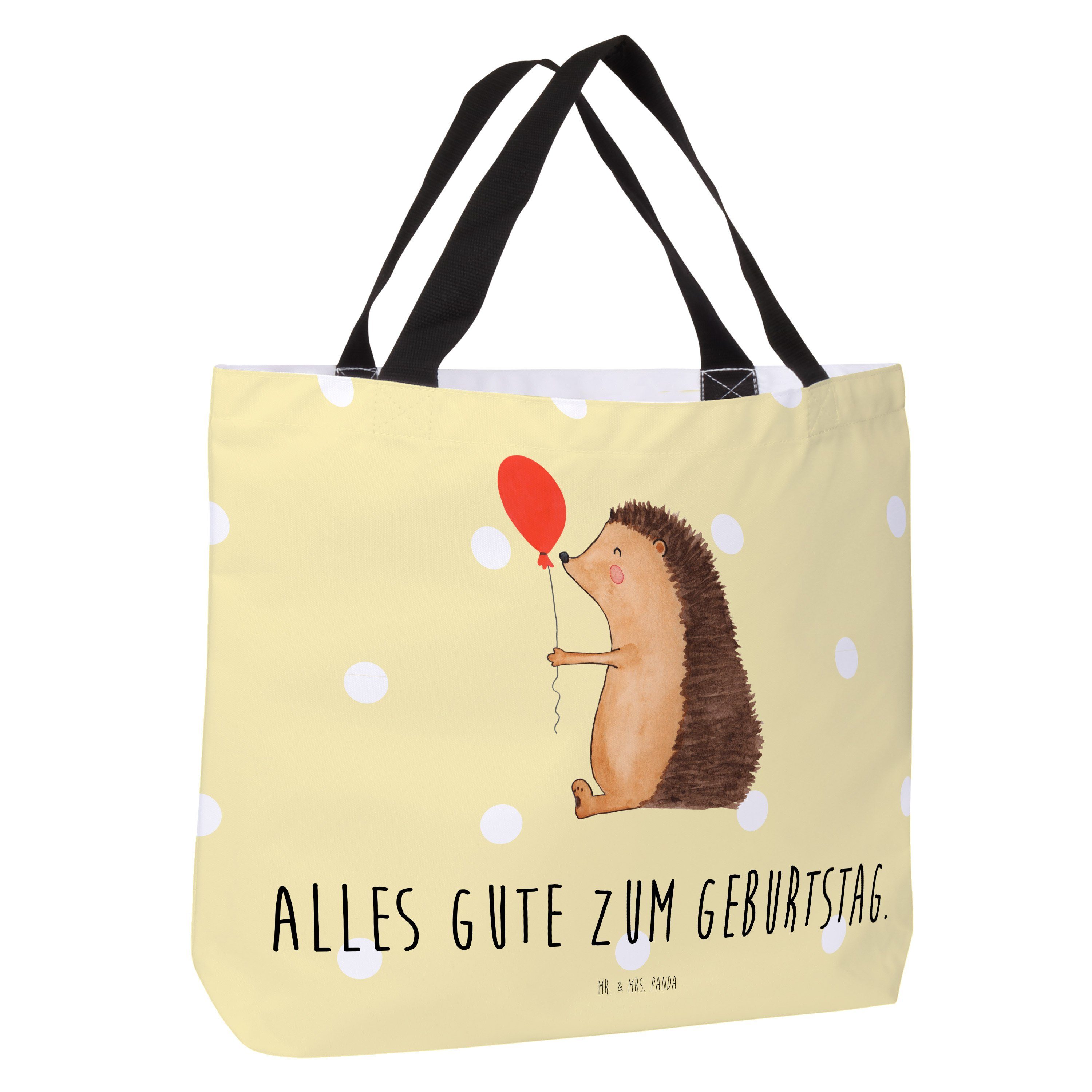 Mr. & Mrs. Panda Tiere, - Einkaufstasche, Igel mit Geschenk, Pastell Shopper Luftballon Gelb - (1-tlg)