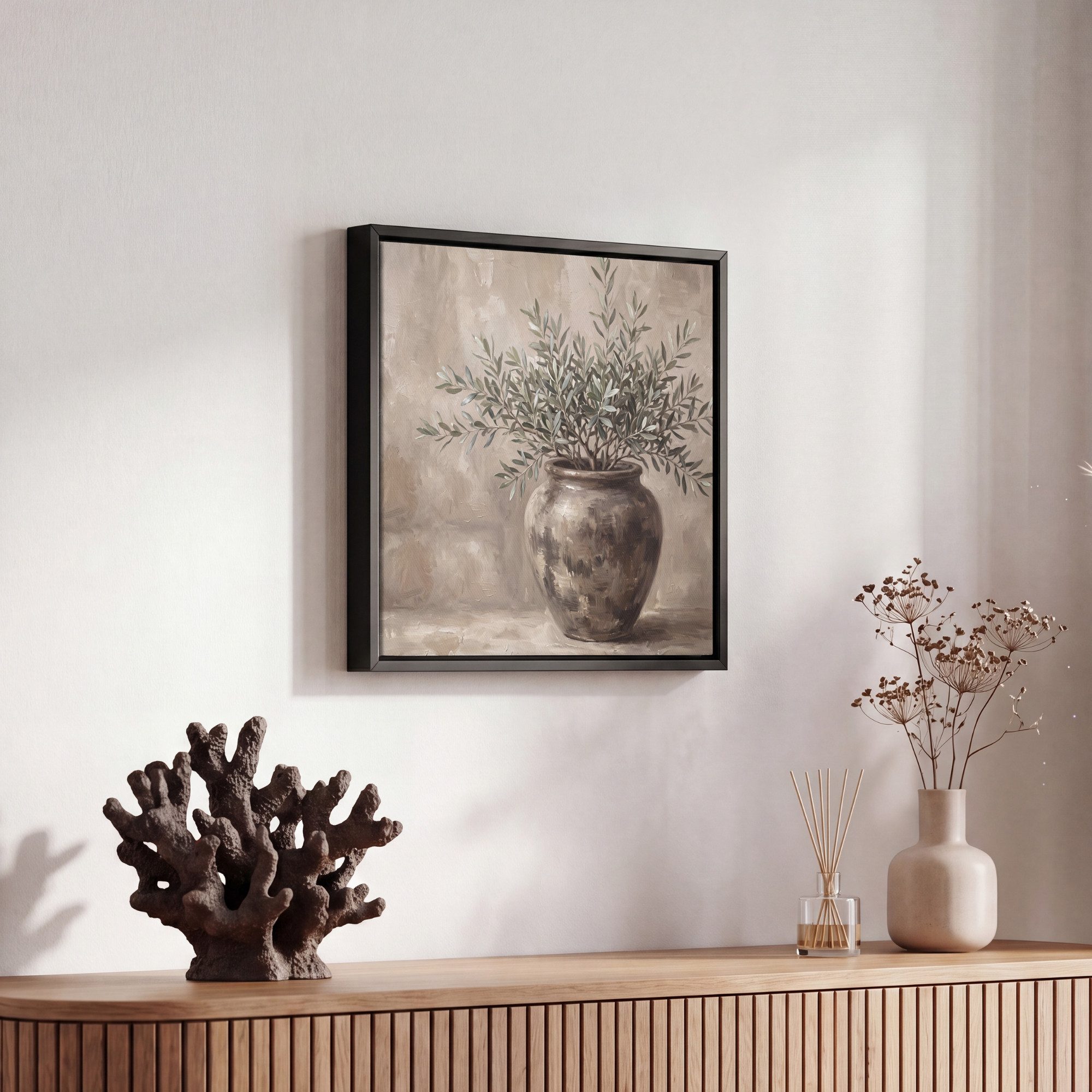 OneMillionCanvasses® Leinwandbild mit Rahmen - Olivenpflanze - Tontopf - Abstrakt - Beige, Fotodruck (1 St), Leinwand Bilder Klein, Wand Dekoration Aesthetic 20 – Bild 5 von 5