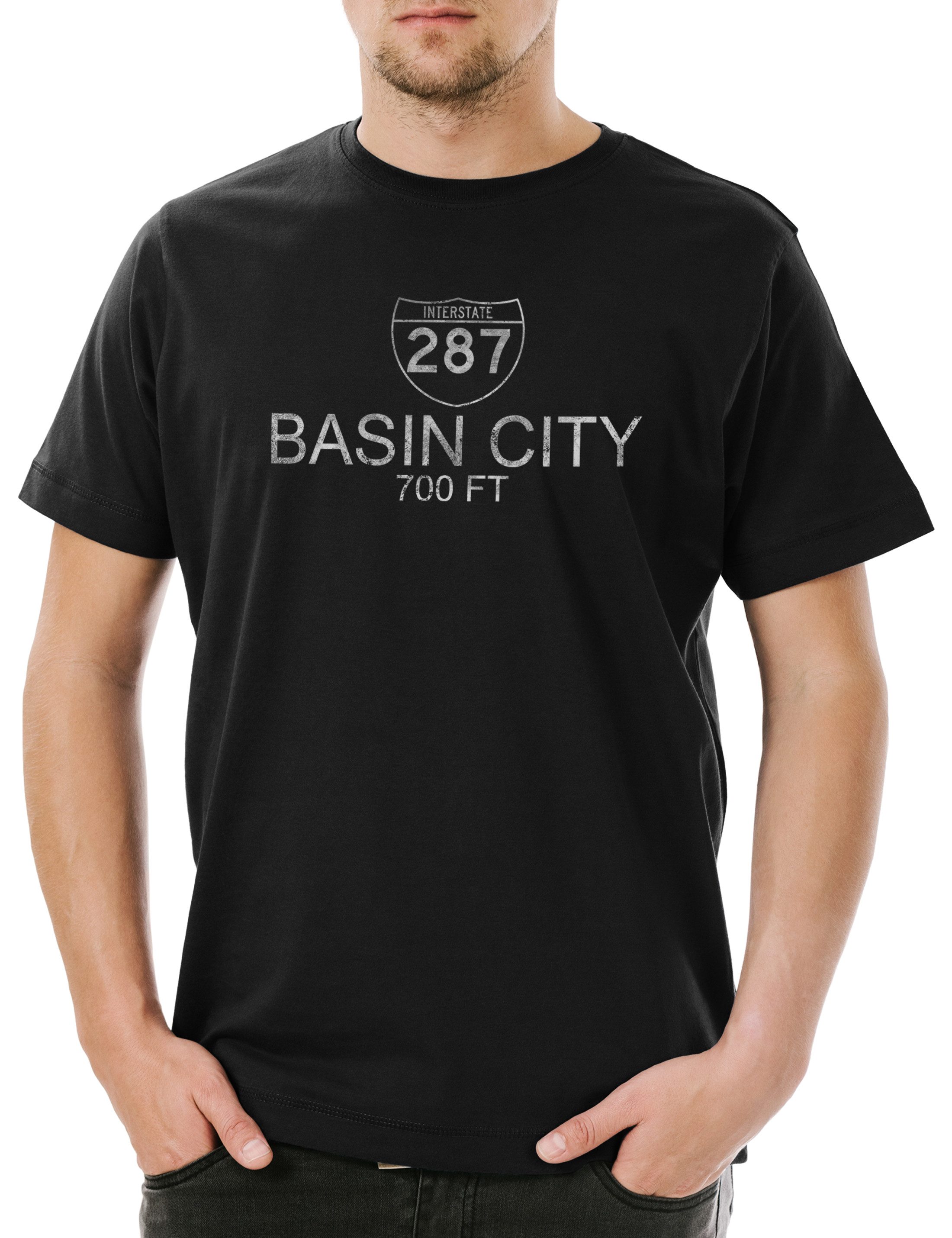 Print-Shirt Basin City Herren T-Shirt Straßenschild Road Sign Sin Symbol Logo