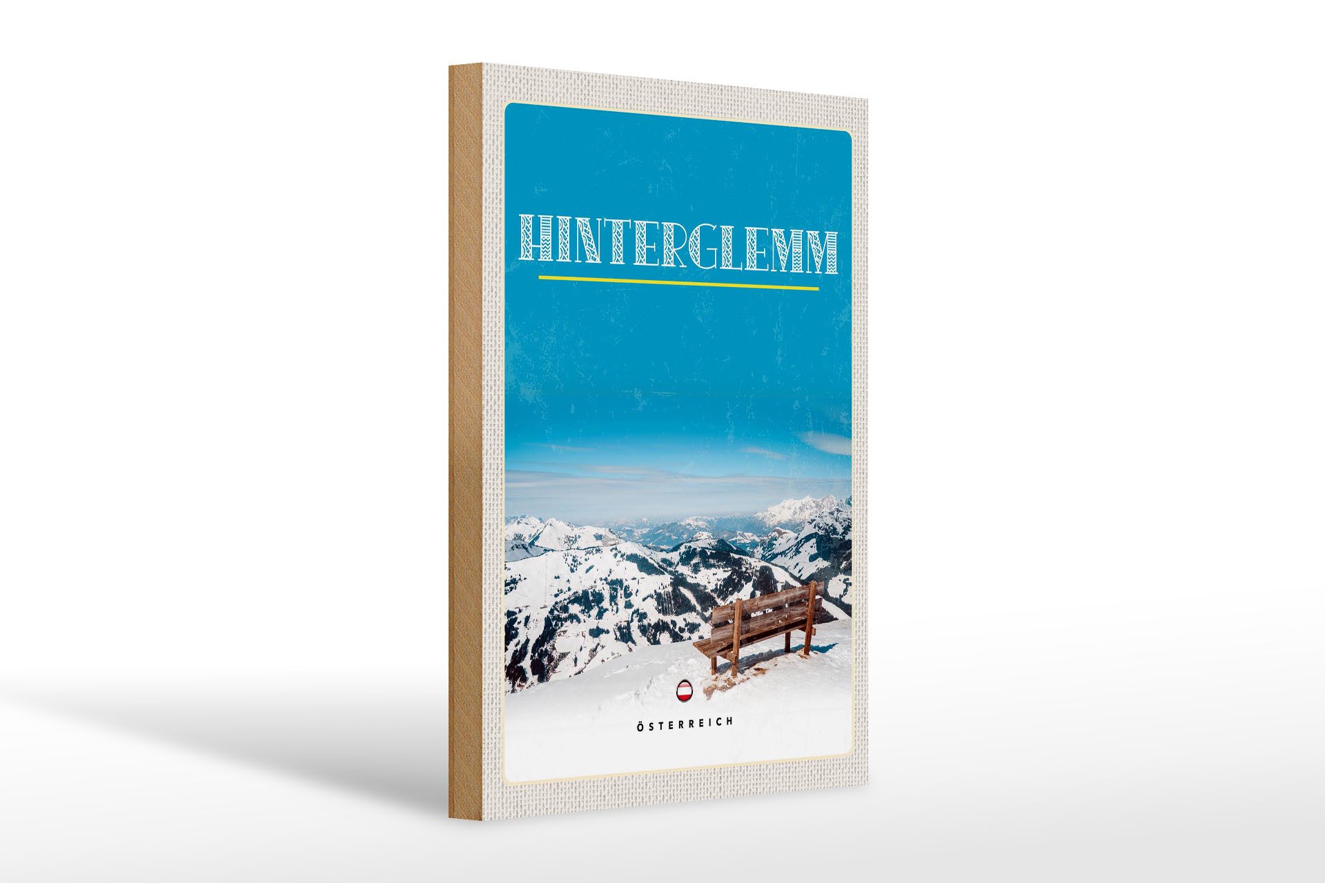 Holzbild Reise 20x30cm Österreich Gebirge Schnee Bank Winter