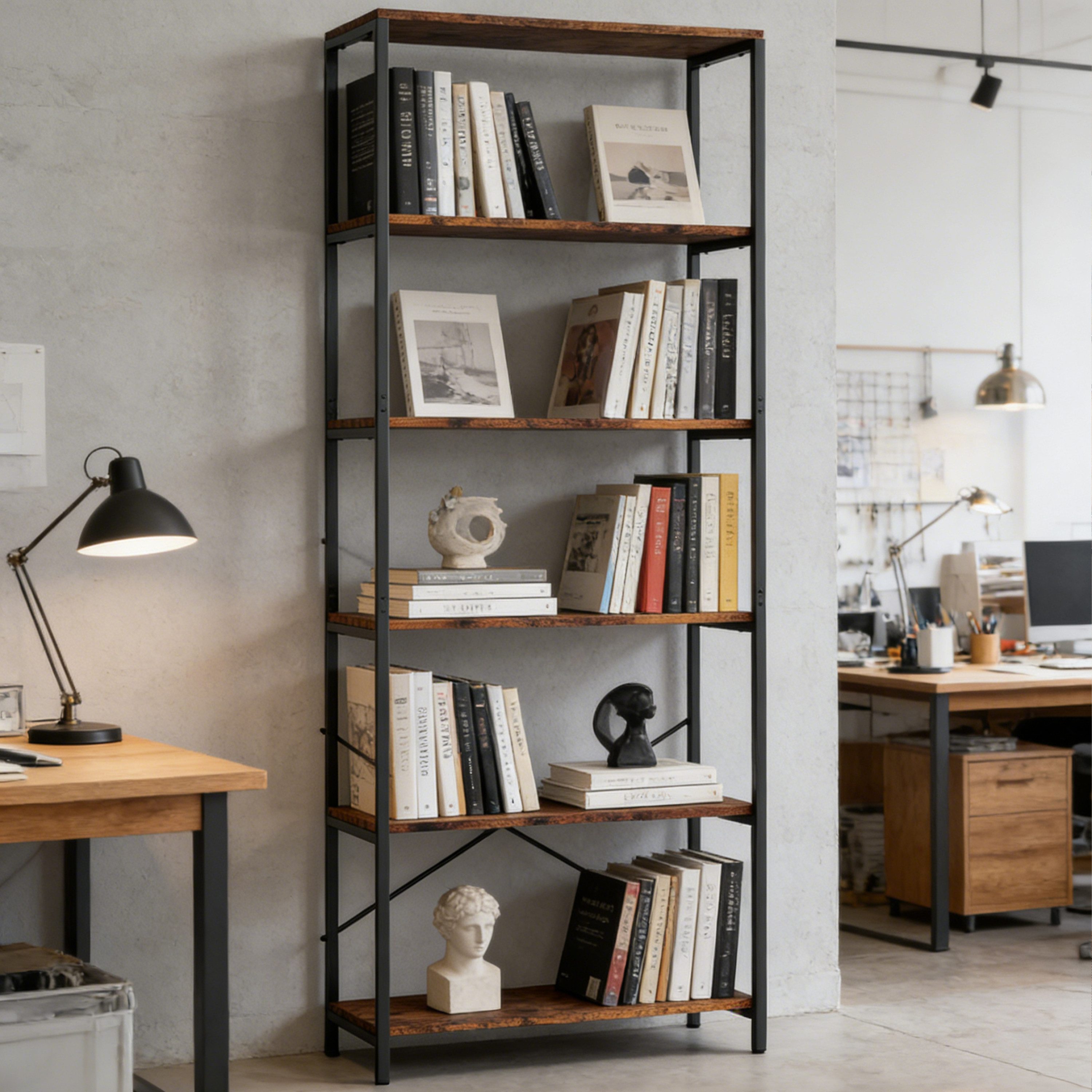 Wildhome Bücherregal im Retro-Holz- & Industrie-Design mit 5 Etagen, Ausstellungsregal, 1-tlg., Küchenregal, Pflanzenständer & Lagerregal 79x35x161 cm