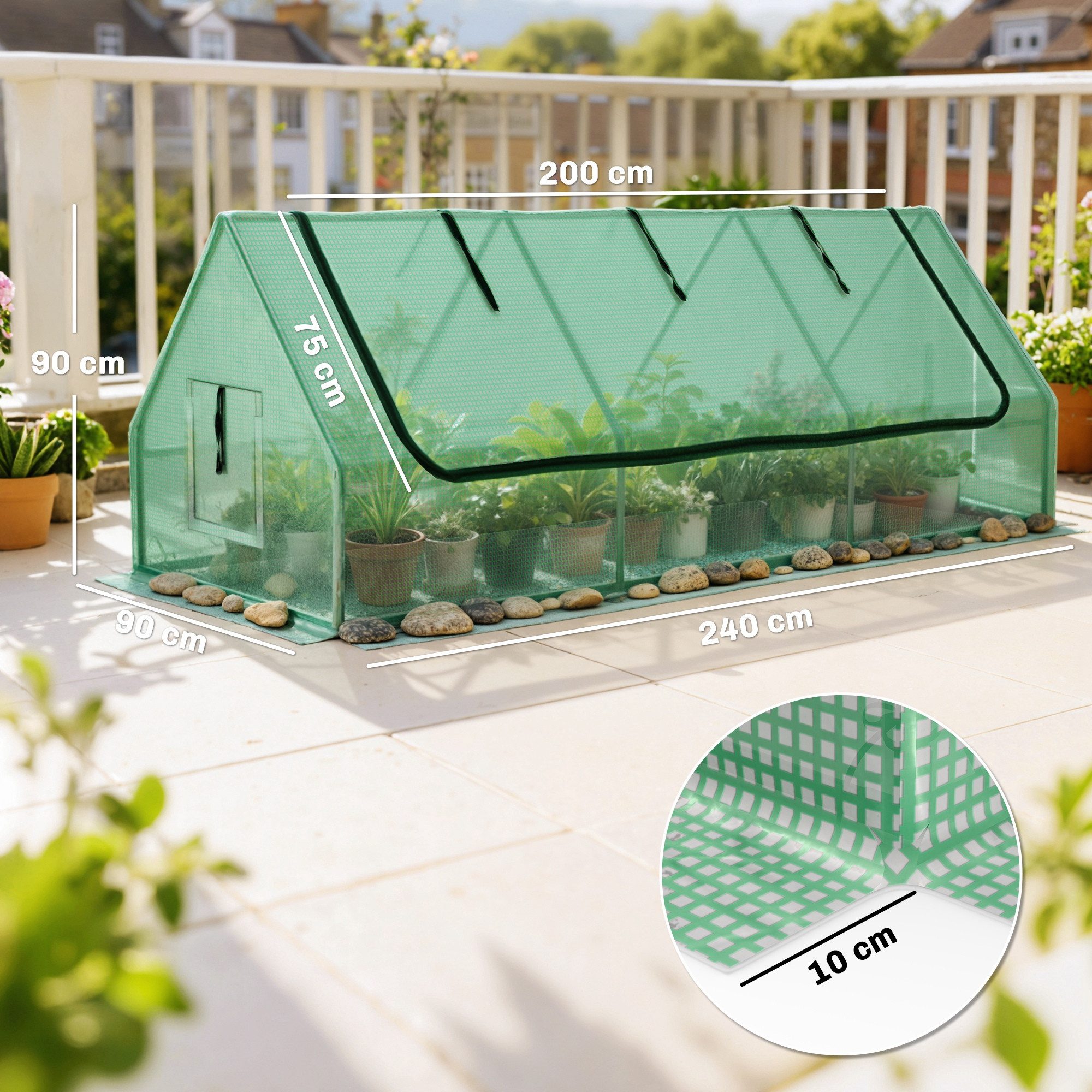 Outsunny Foliengewächshaus mit Mesh Fenster, UV-beständige, für Garten zur Aufzucht, BxTxH: 240 x 90 x 90 cm, BxLxH: 90 x 240 x 90 cm, Frühbeet 1-St., Mini Gewächshaus, PE, Grün, 240 x 90 x 90 cm