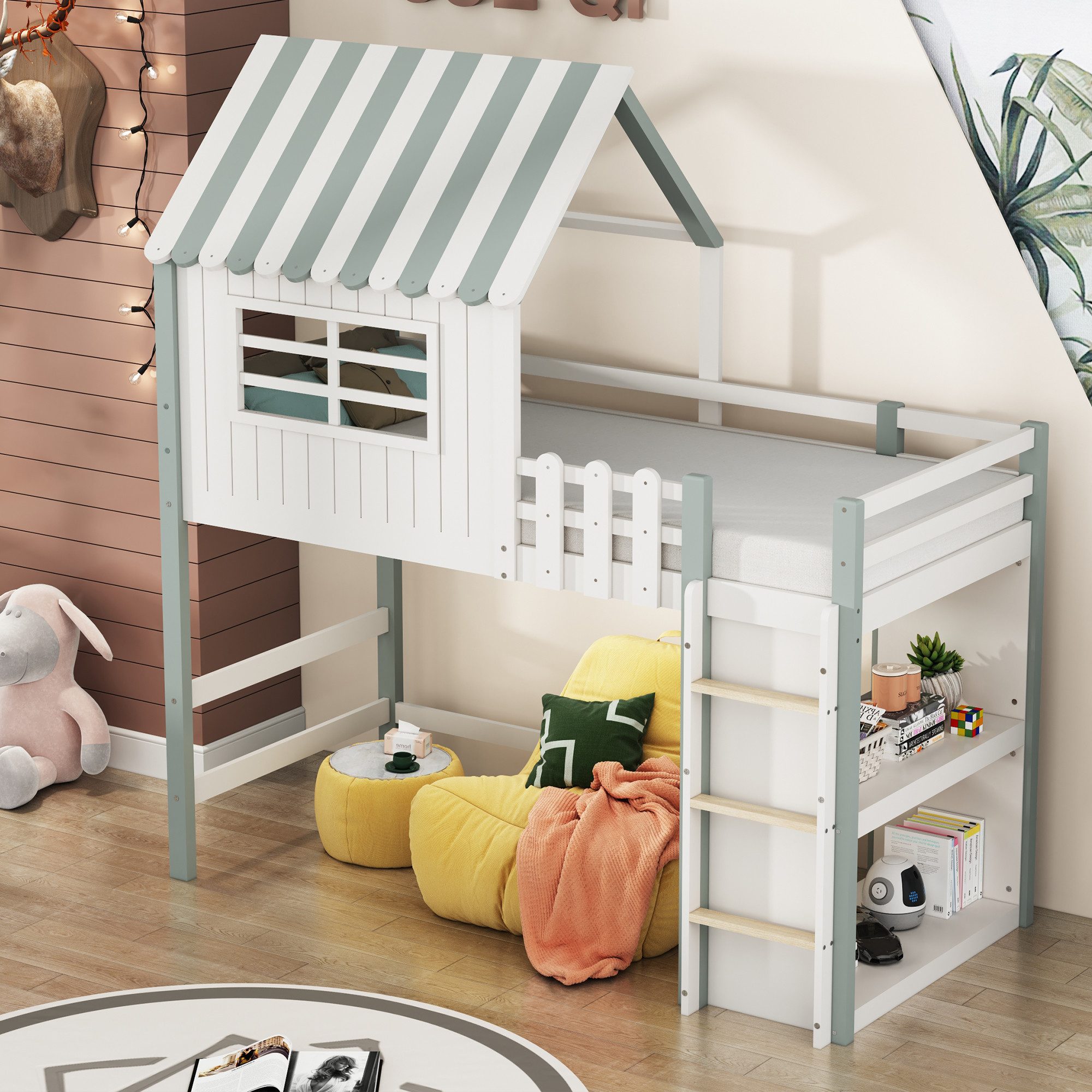 Flieks Hochbett Hausbett Kinderbett 90x200cm mit Sicherheitsleiter und Ablagefach
