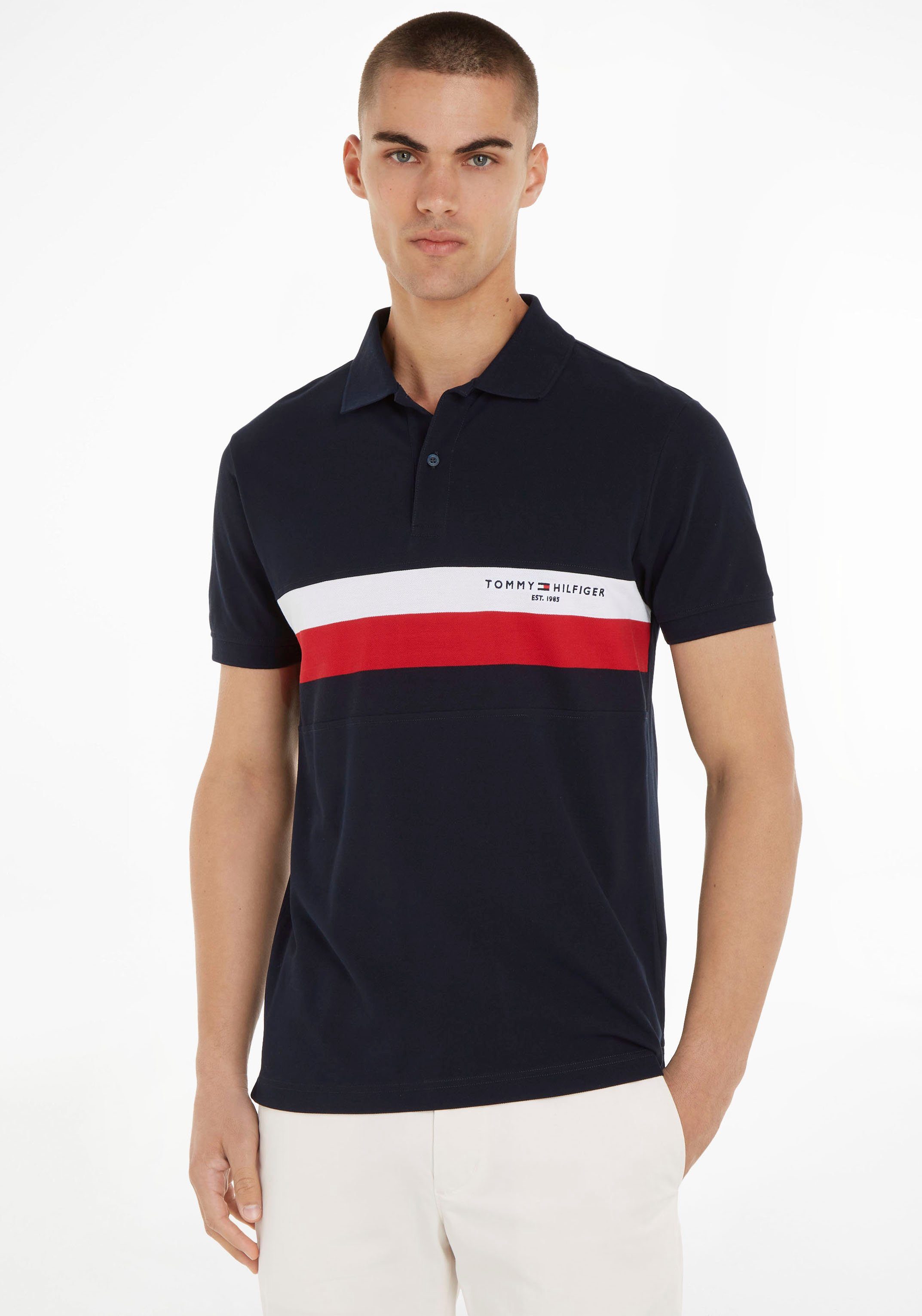 Tommy Hilfiger Poloshirt CHEST COLOURBLOCK SLIM POLO mit Colorblocking in TH Logofarben Desert Sky