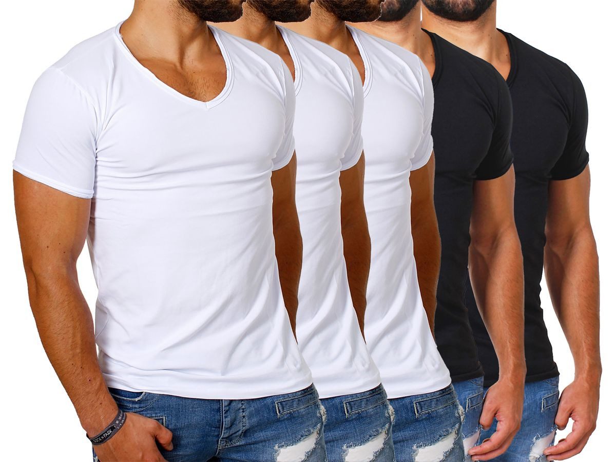 CARISMA T-Shirt Herren Uni Basic 4066 tief-breit geschnittener Ausschnitt vintage Look V-Ausschnitt unifarben kurzarm slim fit