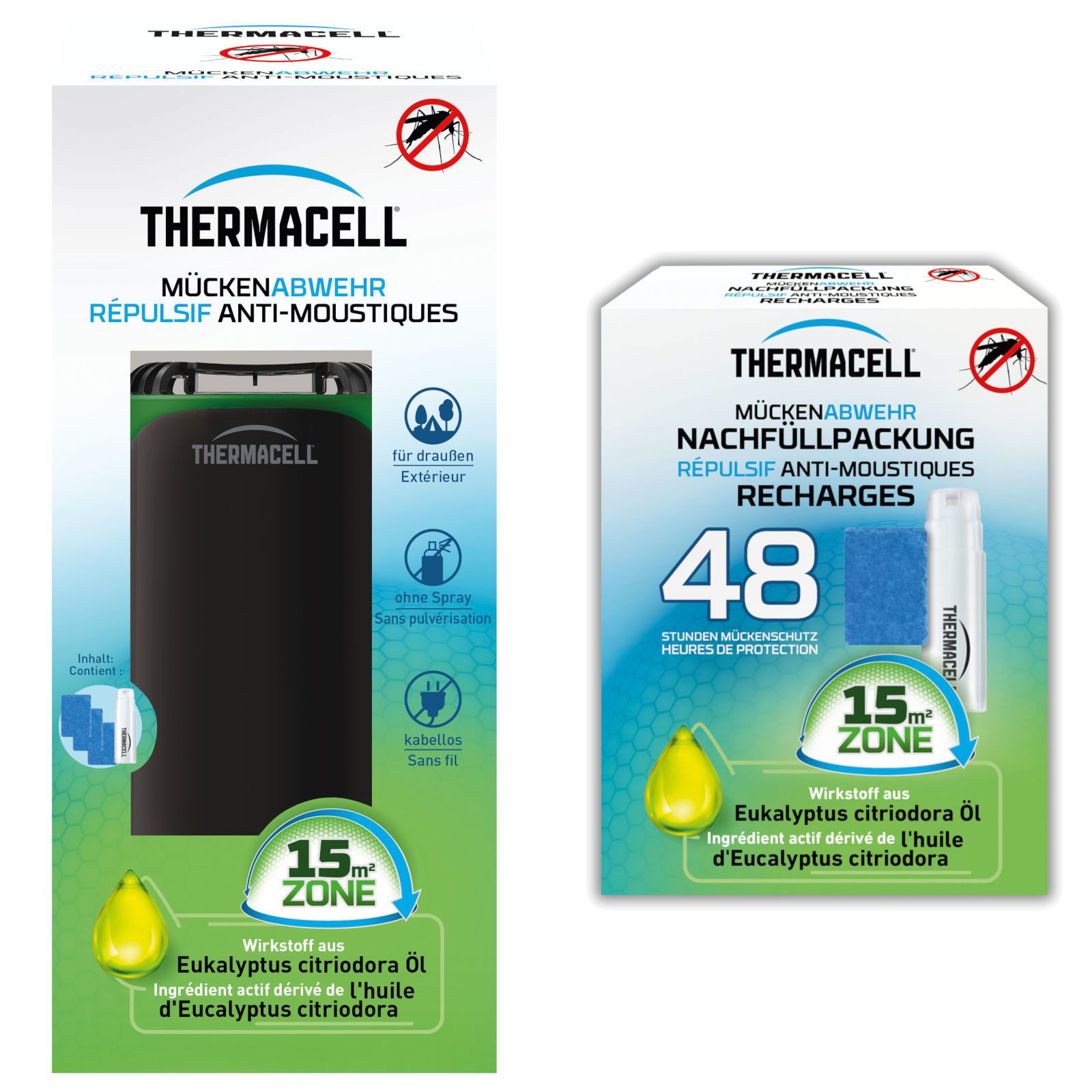 ThermaCell Insektenabwehrgerät Mückenabwehr Protect, schwarz-grün + Nachfüllpackung 48 Stunden