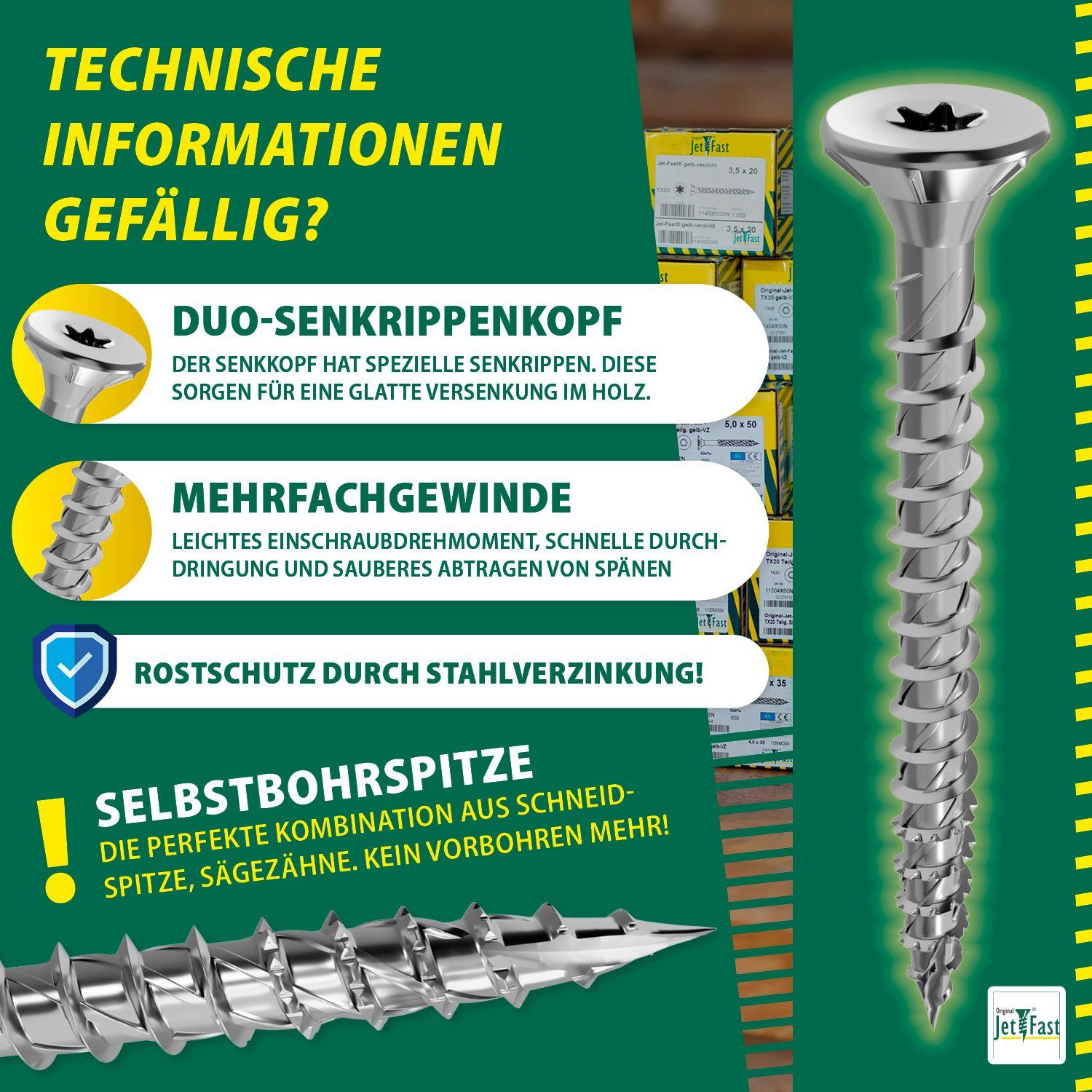 Jet-Fast Spanplattenschraube Universalschrauben 5x60mm & weitere Gelb/Blau verzinkt, (ETA-Zulassung), Selbstbohrspitze, Duo-Senkrippenkopf, Mehrfachgewinde, German Quality