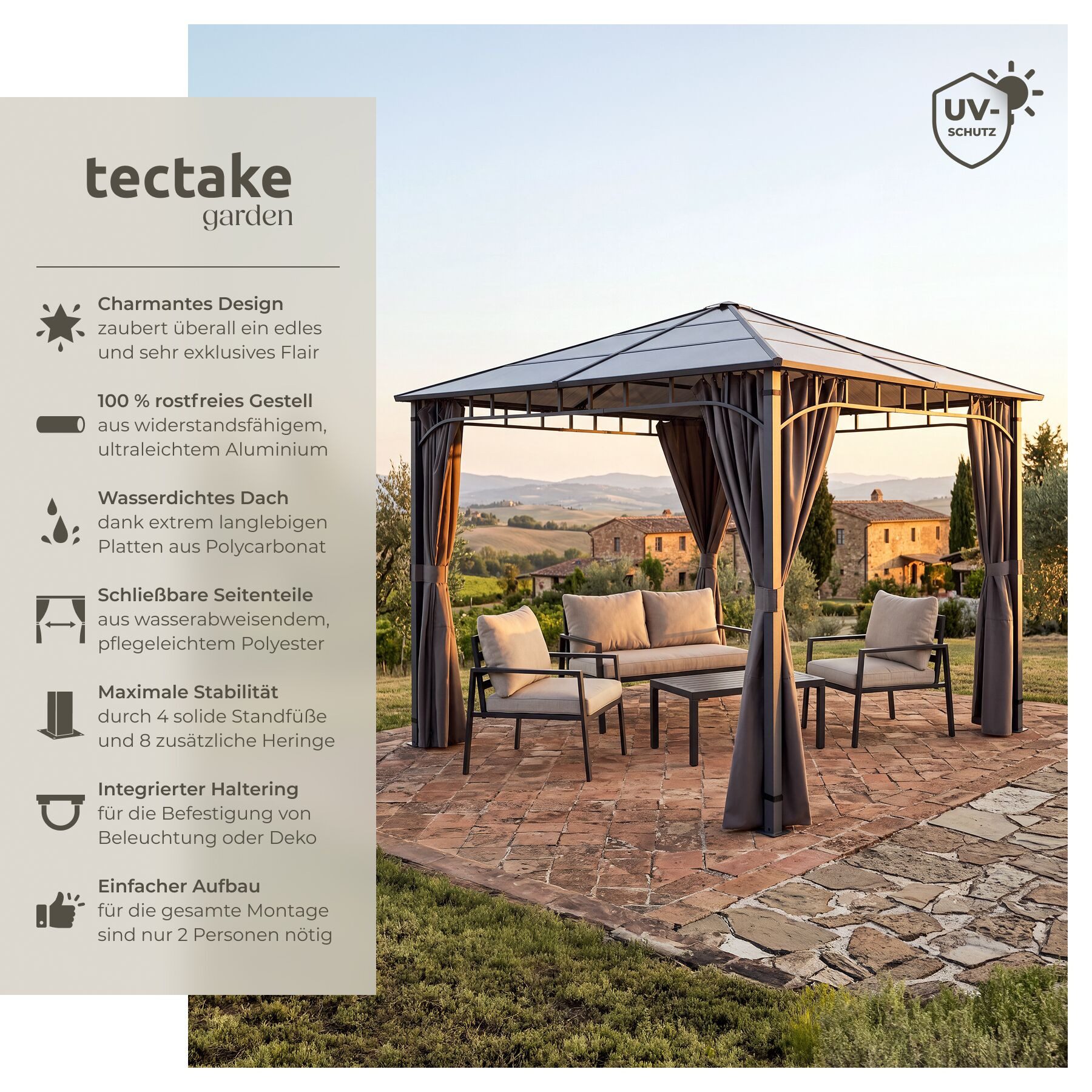 tectake Pavillon Gartenlaube 3 x 3 m wasserdicht mit Hardtop und Polycarbonatdach, mit 4 Seitenteilen, (Gartenüberdachung Caracas, in Grau), lichtdurchlässiges Dach und schließbare Seitenteile, Inkl. Heringe
