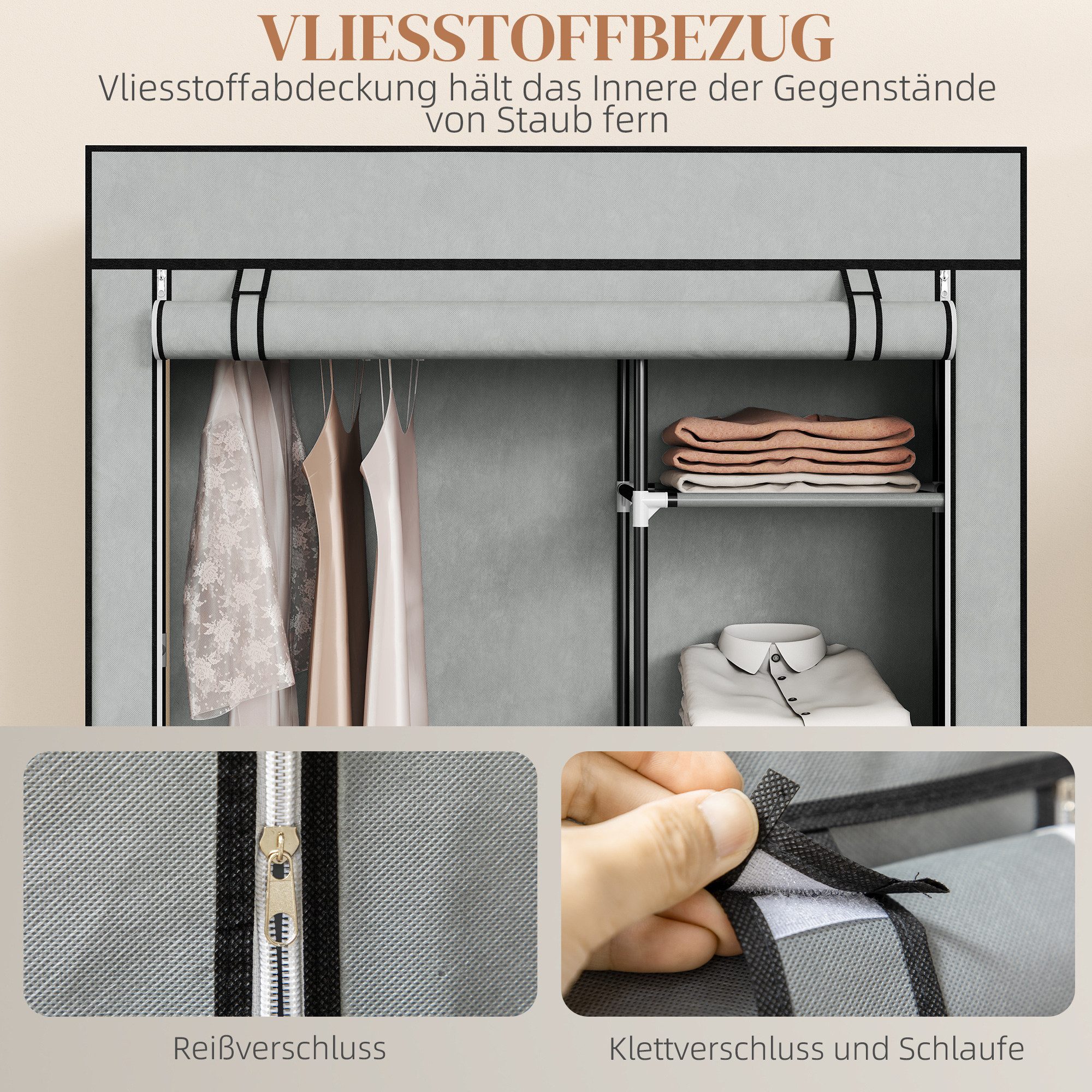 HOMCOM Stoffschrank Kleiderschrank mit 6 Ablagen und Kleiderstange, Ankleidezimmer (Kleiderständer, 1-St., Faltschrank) für Schlafzimmer, Flur, Grau, 103 x 43 x – Bild 5 von 5