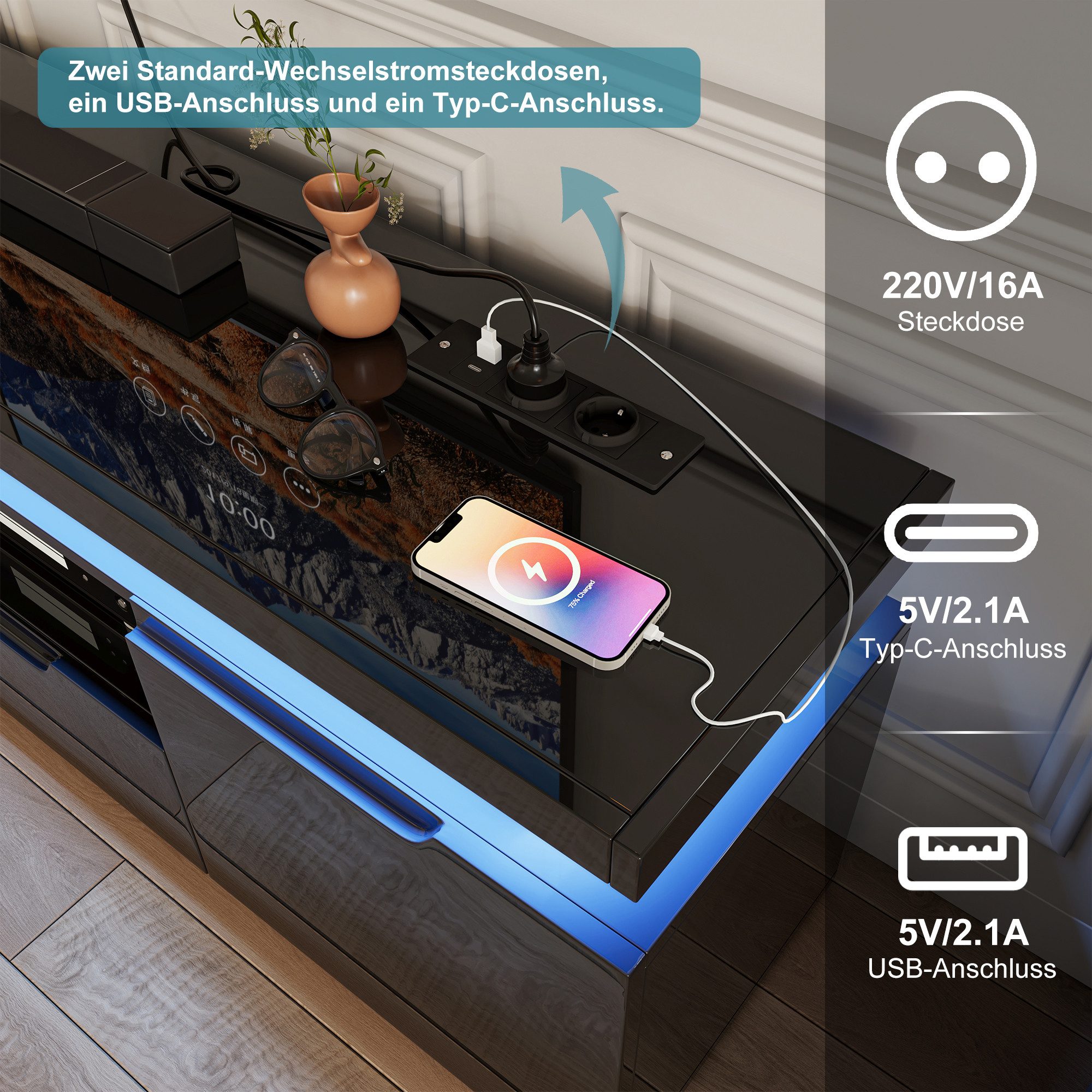 PXloue TV-Schrank in wohnzimmerd TV-Lowboard mit LED-Beleuchtung und Steckdosen Mit 2 Türen, Regalen und viel Stauraum 180 x 35 x 52 cm – Bild 5 von 5